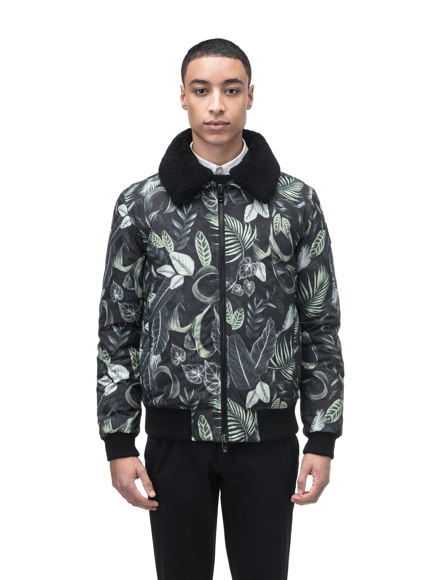 Sonar Men's Aviator Jacket in hip length, Canadian duck down insulation, removable shearling collar with hidden tuckable hood, and two-way front zipper, in Foliage