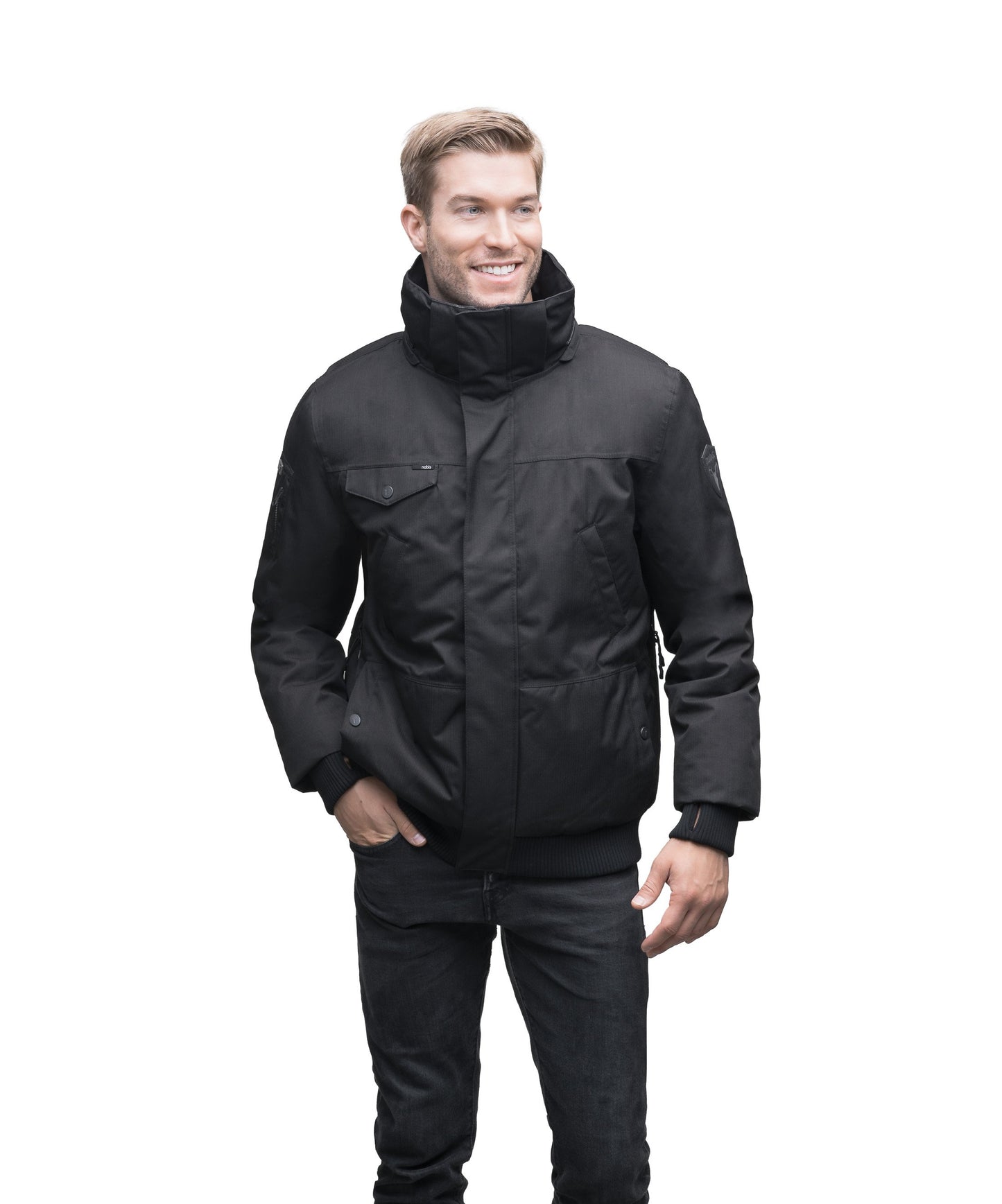 Men's sleek down filled bomber jacket with clean details and a fur free hood in CH Black