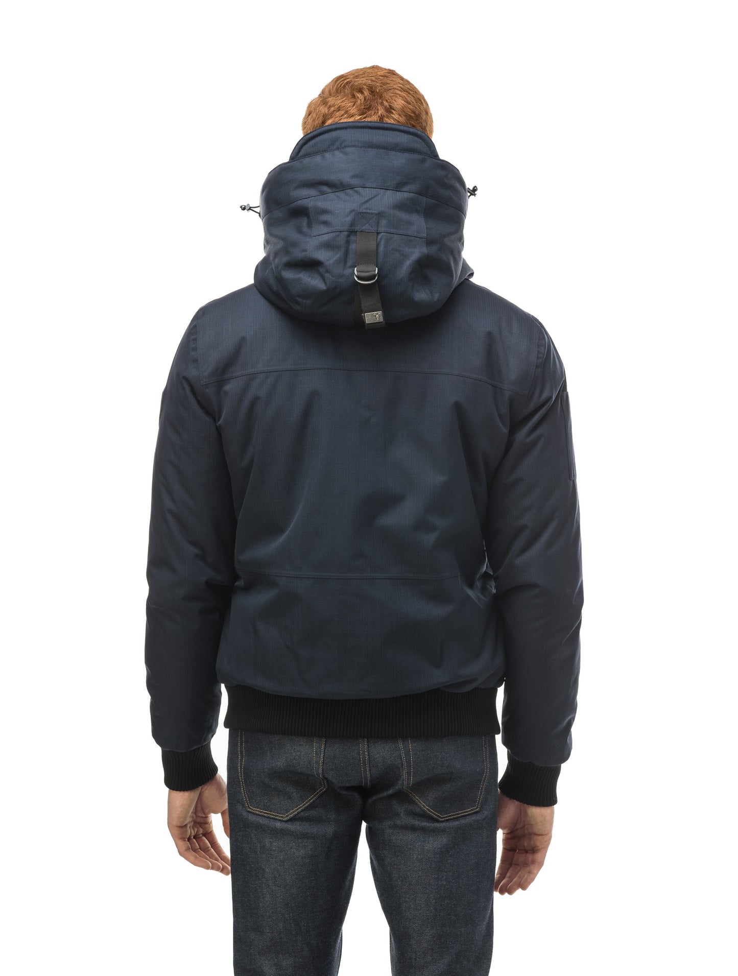 Men's sleek down filled bomber jacket with clean details and a fur free hood in CH Navy