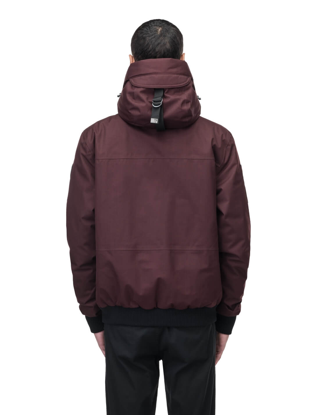 Men's sleek down filled bomber jacket with clean details and a fur free hood in Merlot