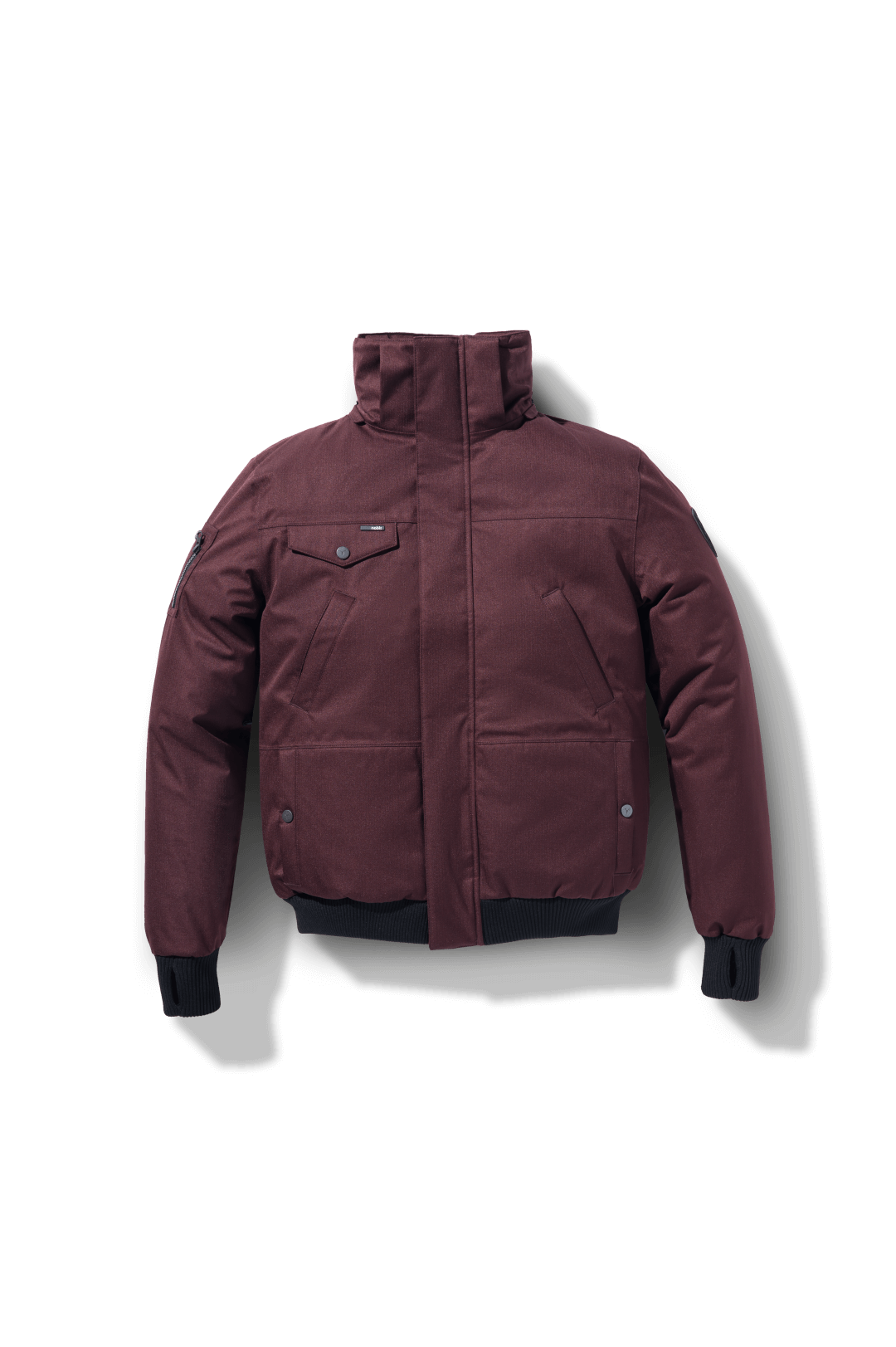 Men's sleek down filled bomber jacket with clean details and a fur free hood in Merlot