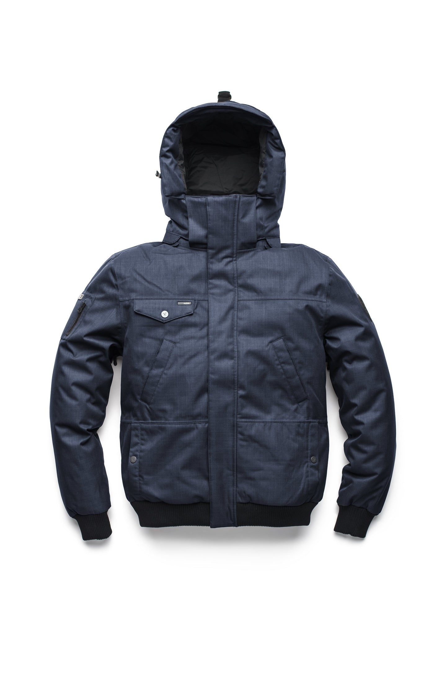 Men's sleek down filled bomber jacket with clean details and a fur free hood in CH Navy