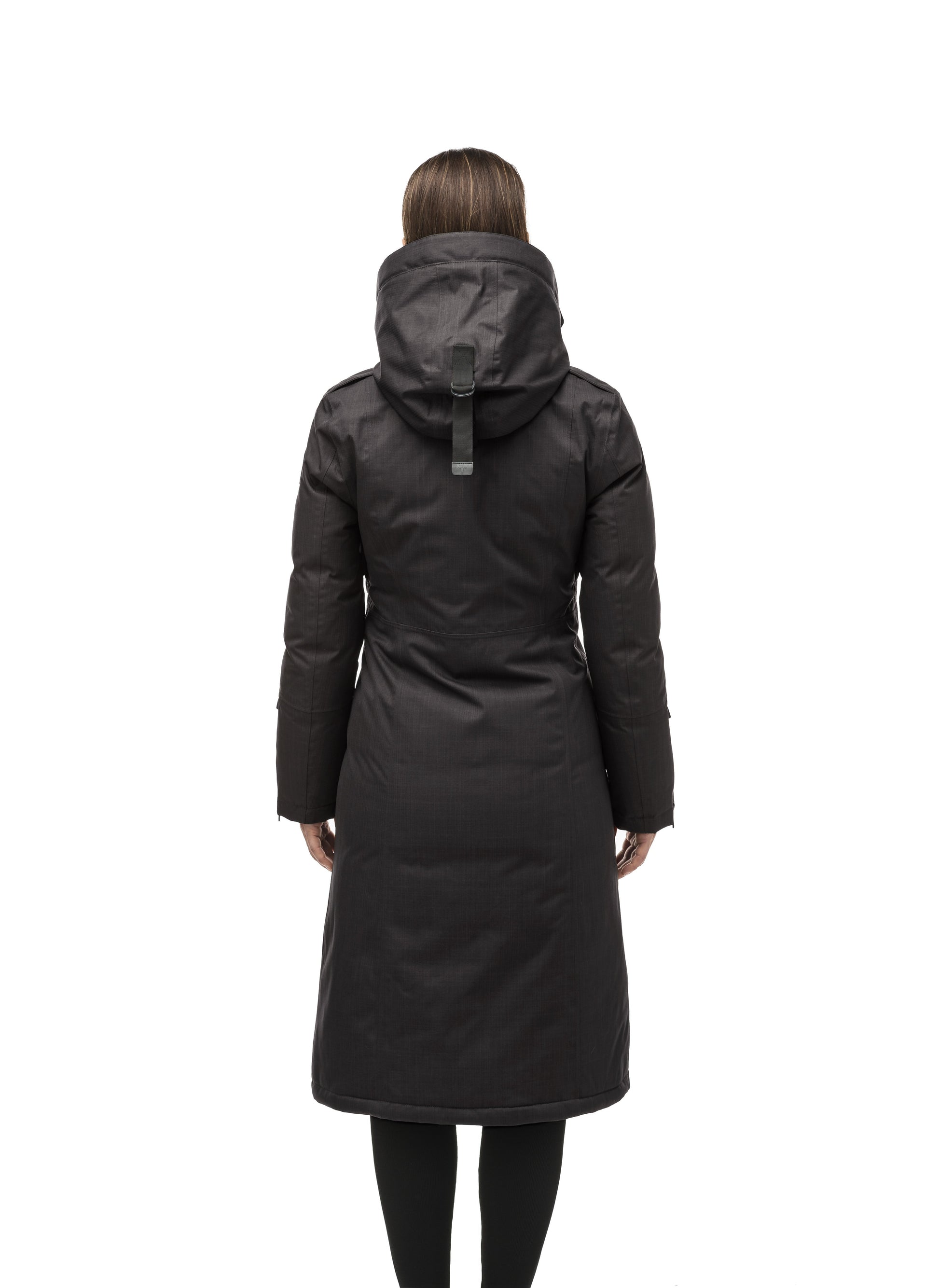 Long calf length women's trench inspired parka with removable fur trim around the hood and an asymetric closure in Black