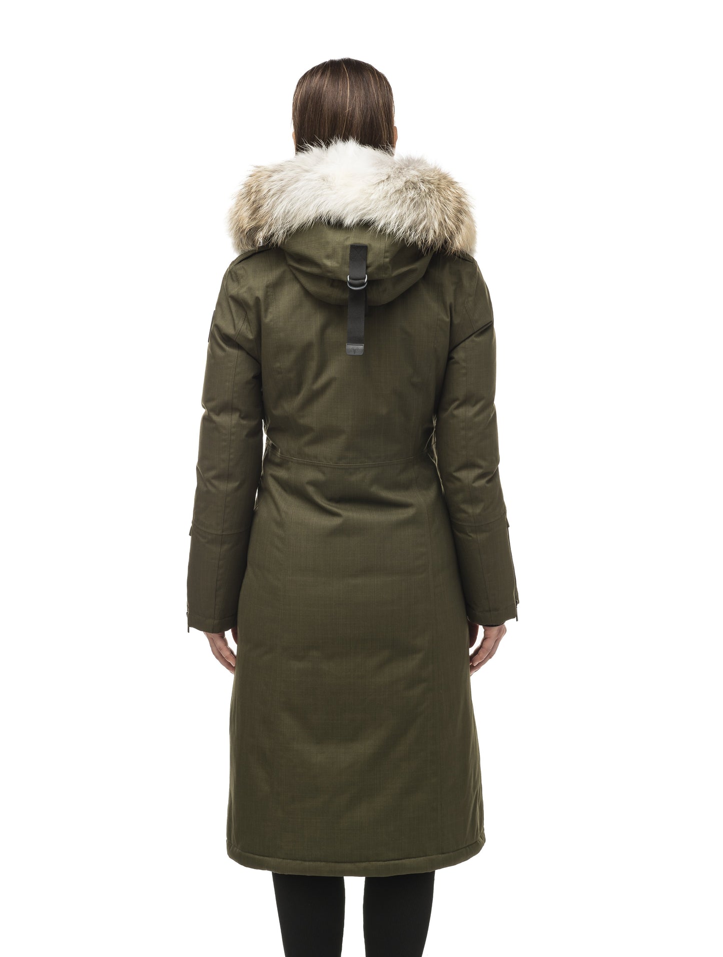 Long calf length women's trench inspired parka with removable fur trim around the hood and an asymetric closure in Fatigue