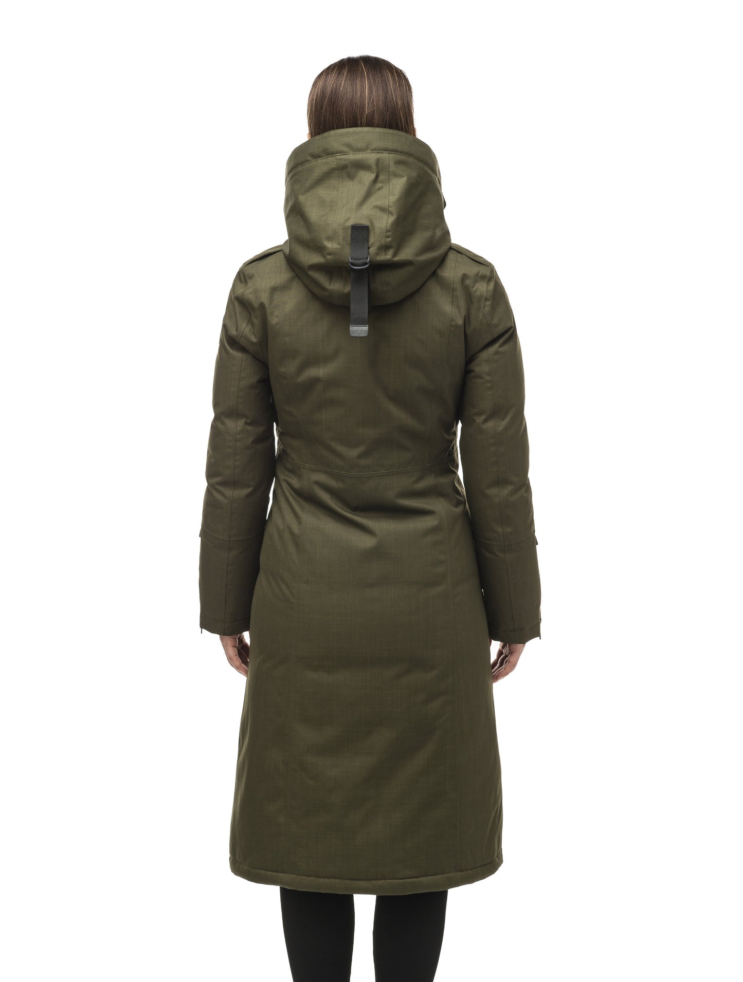 Long calf length women's trench inspired parka with removable fur trim around the hood and an asymetric closure in Fatigue