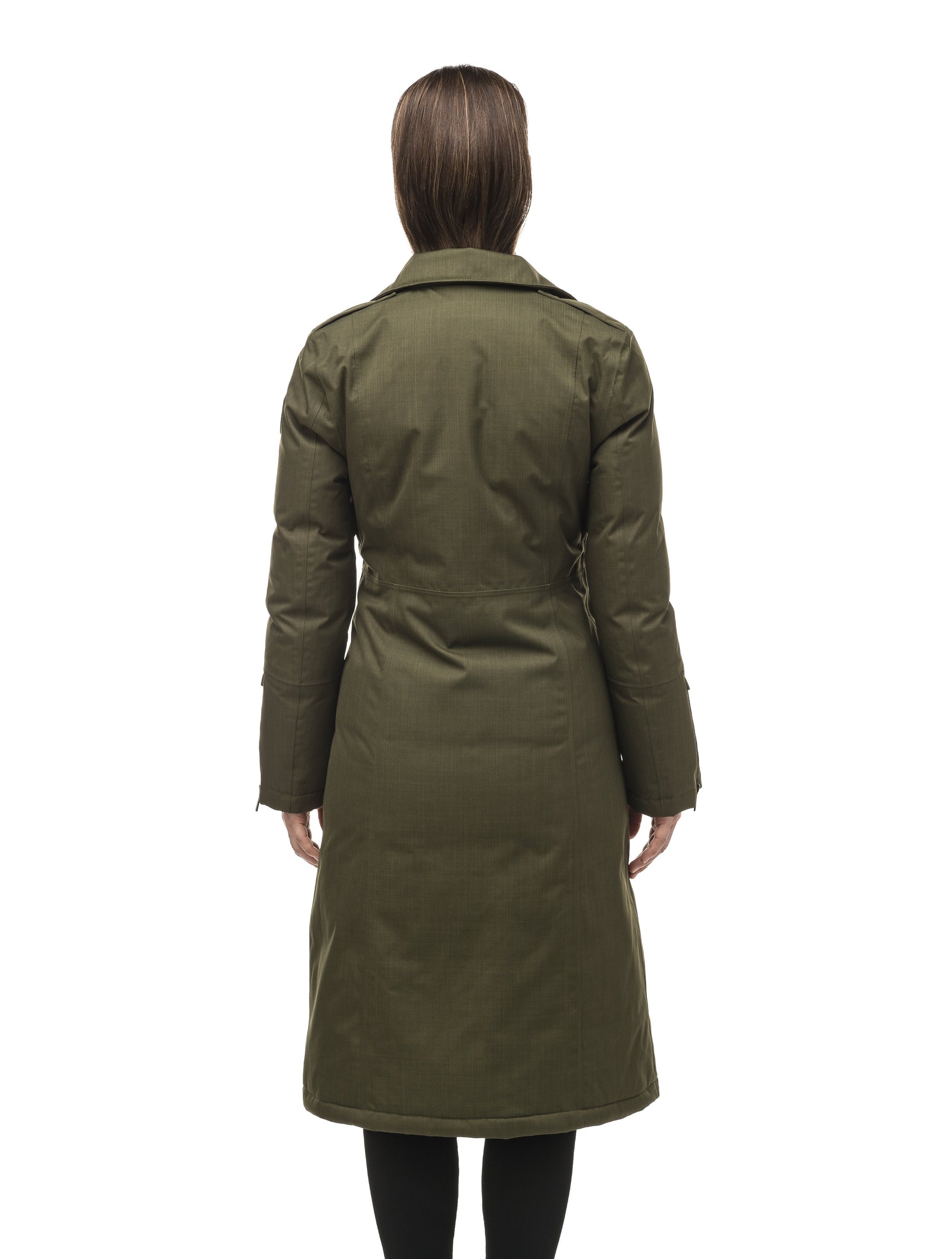 Long calf length women's trench inspired parka with removable fur trim around the hood and an asymetric closure in Fatigue