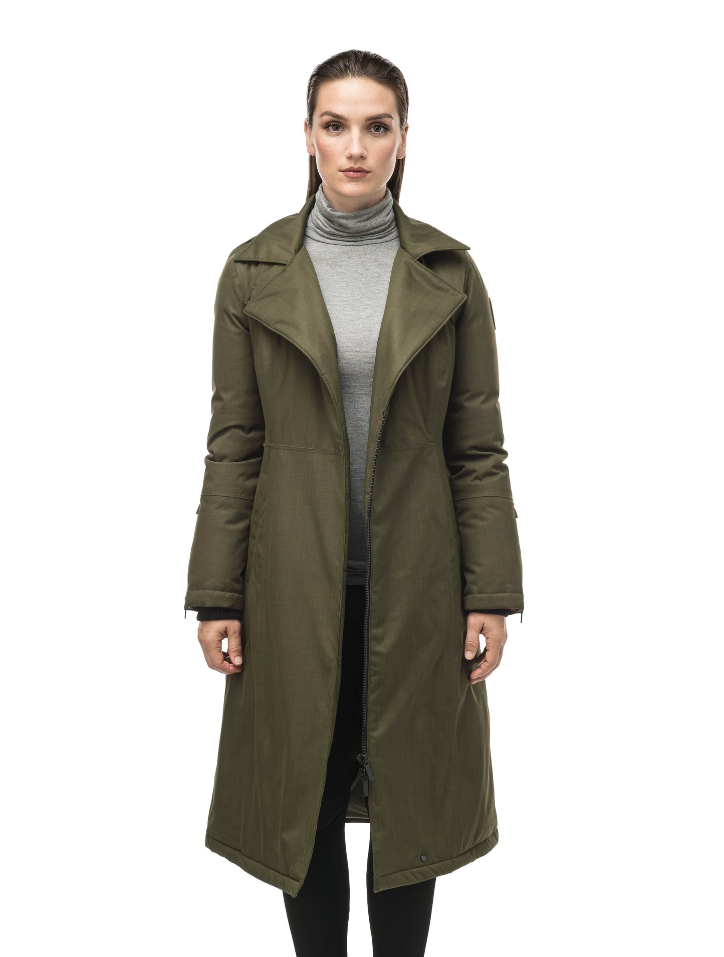 Long calf length women's trench inspired parka with removable fur trim around the hood and an asymetric closure in Fatigue