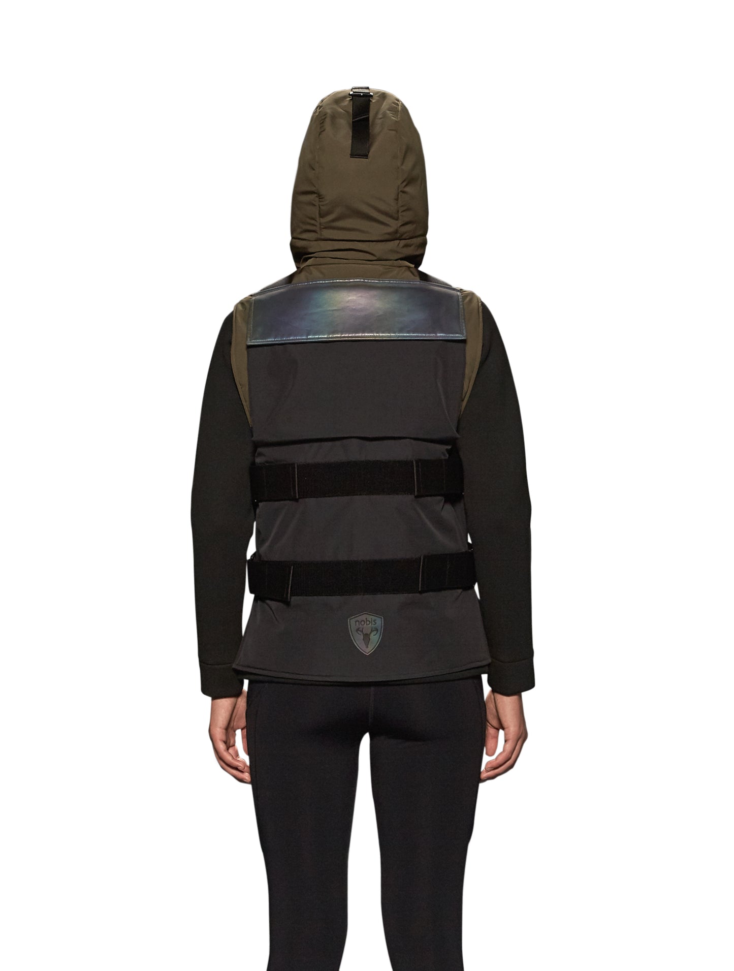 Unisex waist length hooded tactical vest with multiple exterior pockets on front and back, and adjustable side webbing fasteners, colour blocked in Fatigue/Black