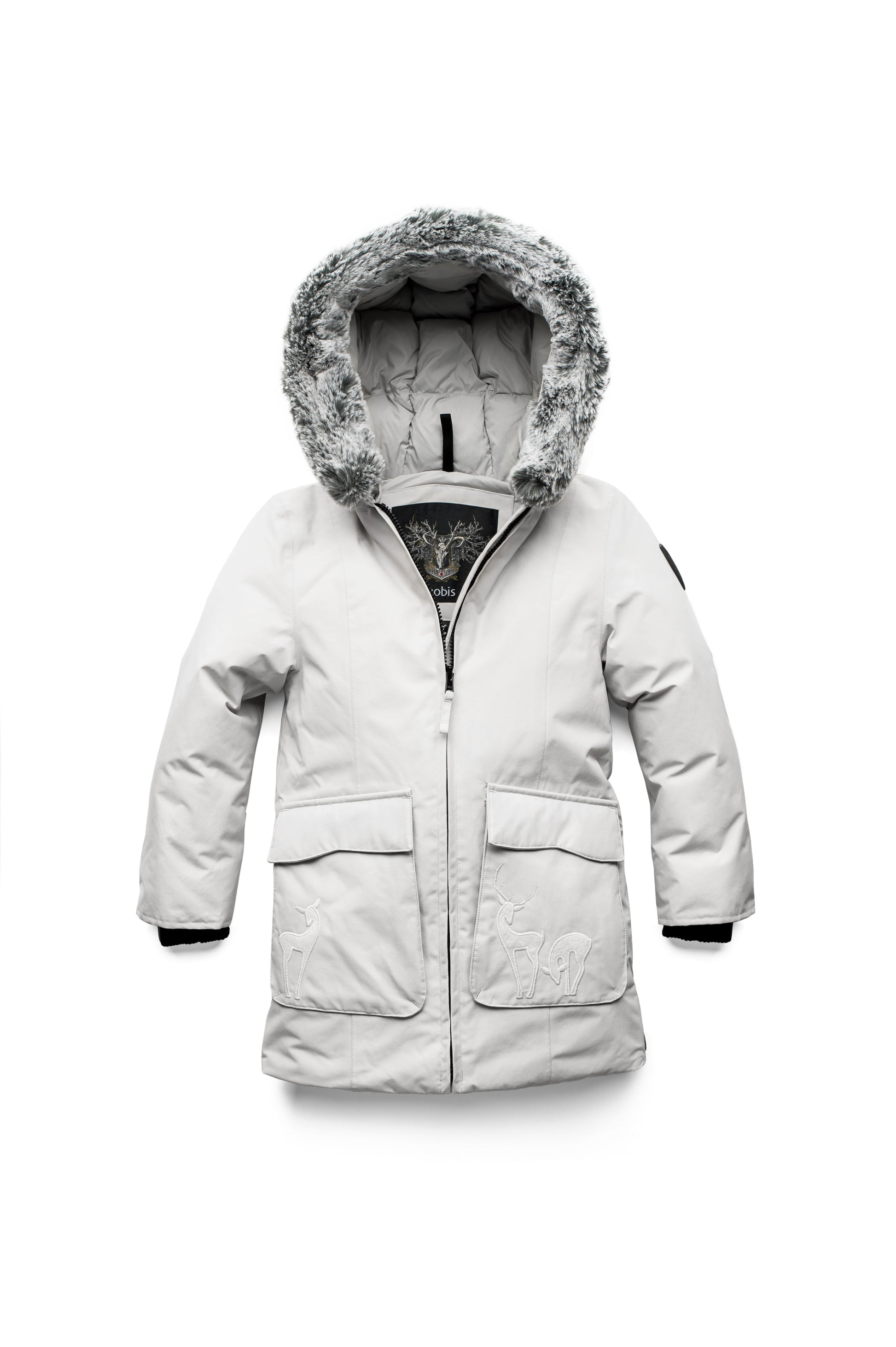 Kid's knee length down filled parka with deer applique detailing on the front patch pockets in Light Grey