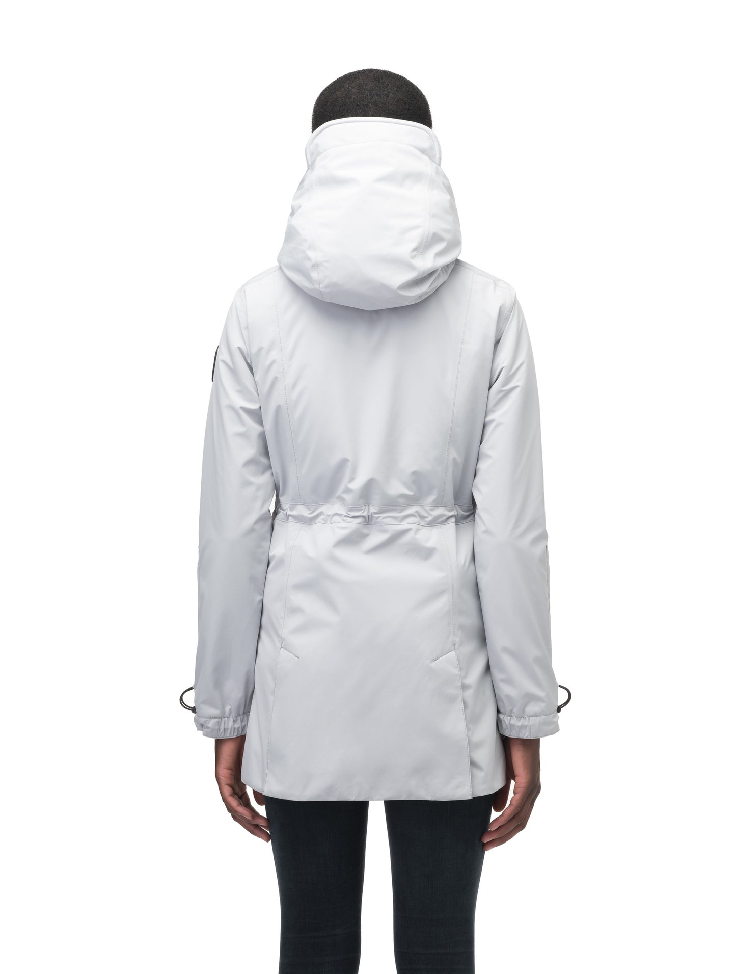 Women's thigh length raincoat with collar and non-removable hood in Light Grey