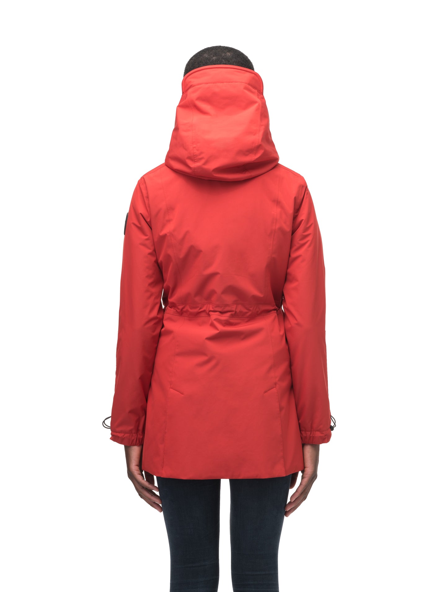 Women's thigh length raincoat with collar and non-removable hood in Vermillion