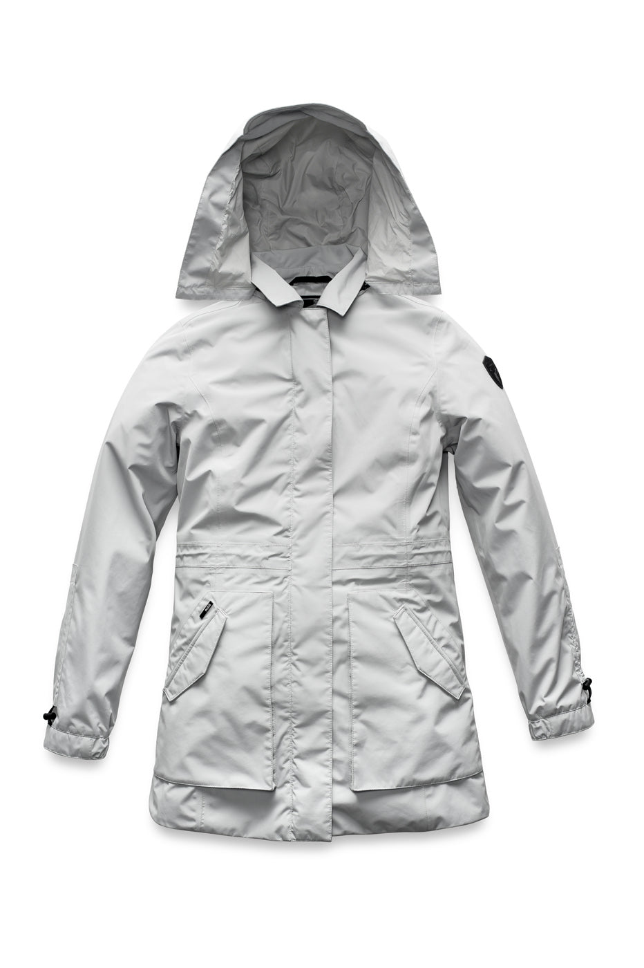 Women's thigh length raincoat with collar and non-removable hood in Light Grey