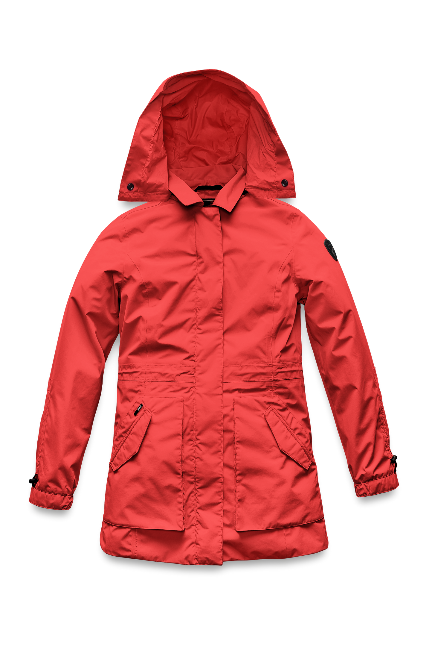 Women's thigh length raincoat with collar and non-removable hood in Vermillion