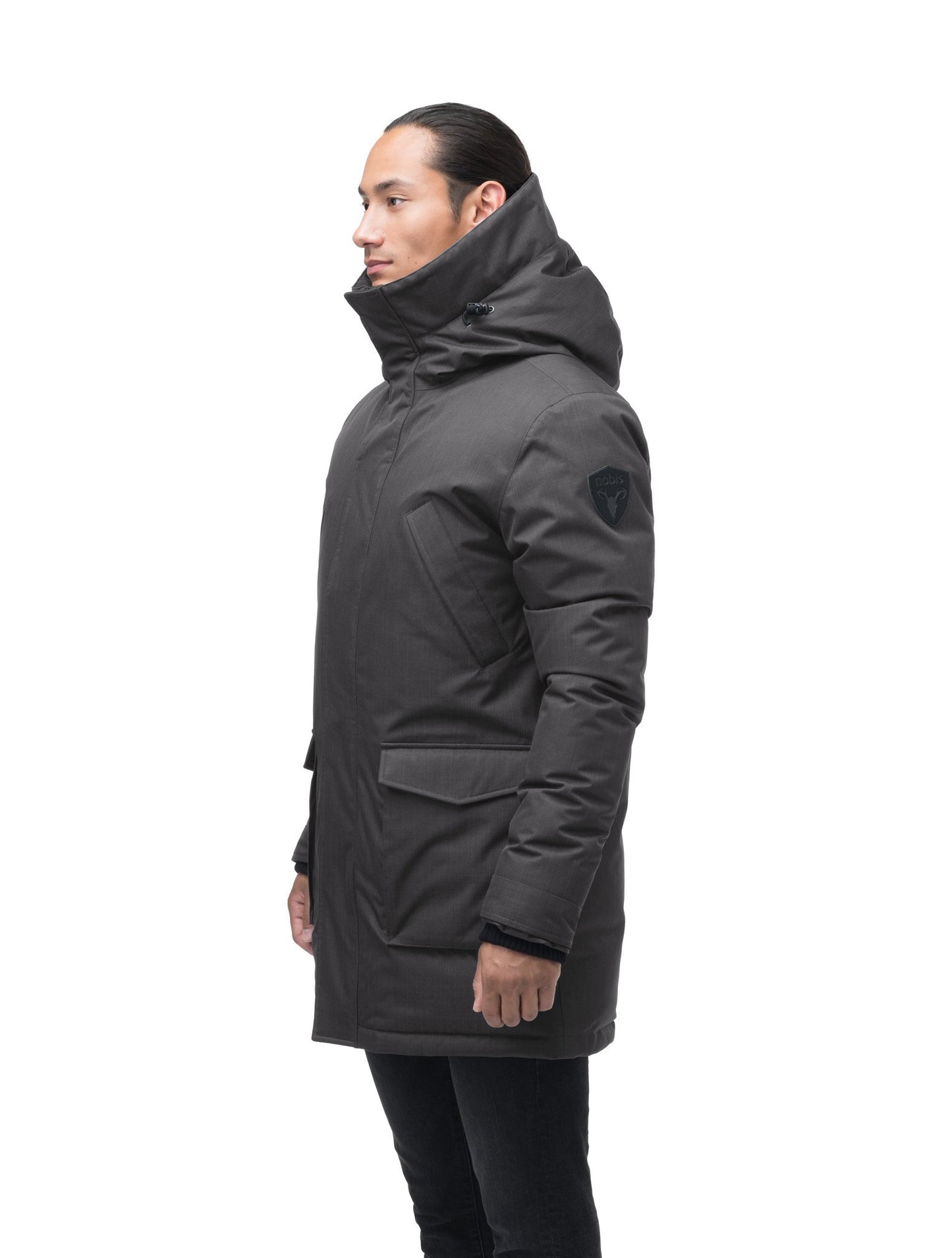 Men's thigh length down-filled parka with non-removable hood in Steel Grey