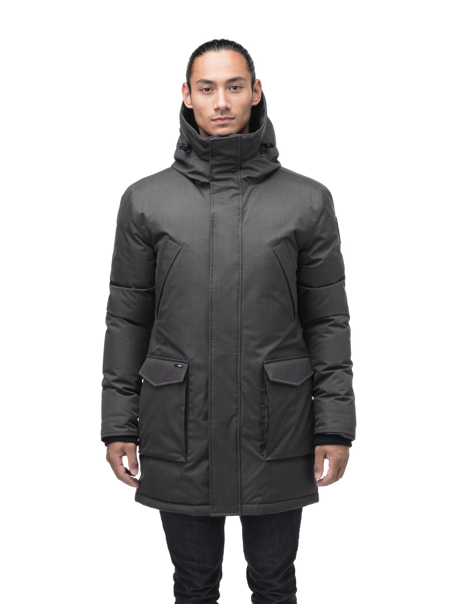 Men's thigh length down-filled parka with non-removable hood in Steel Grey