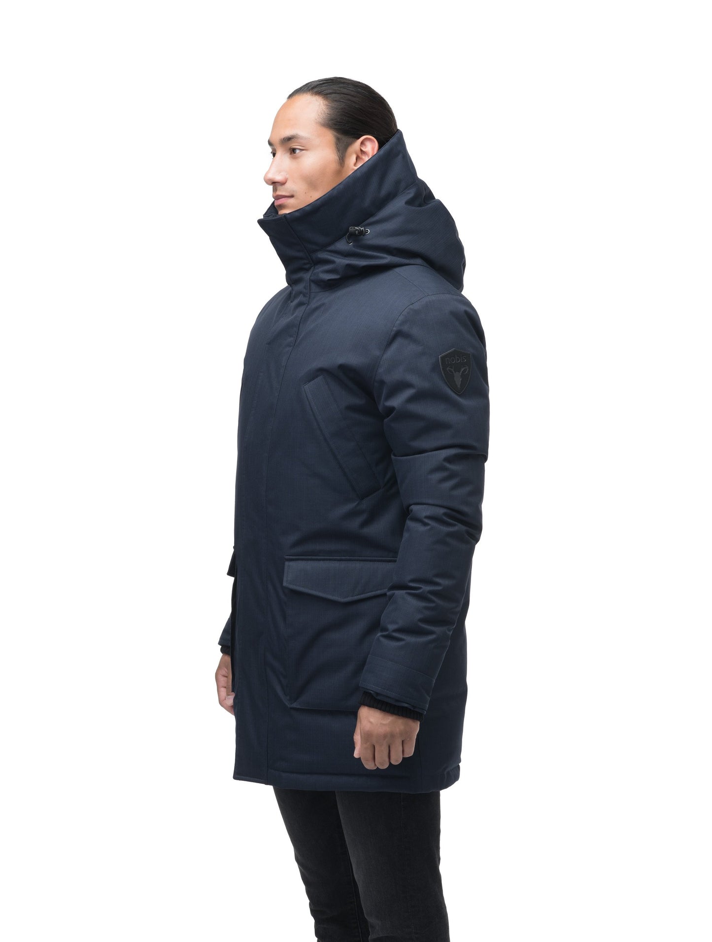 Men's thigh length down-filled parka with non-removable hood in Navy