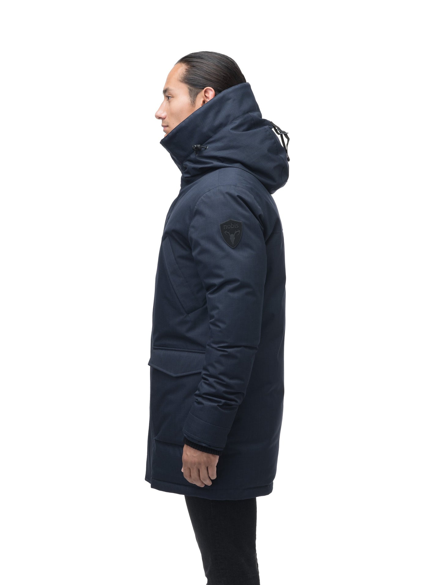 Men's thigh length down-filled parka with non-removable hood in Navy