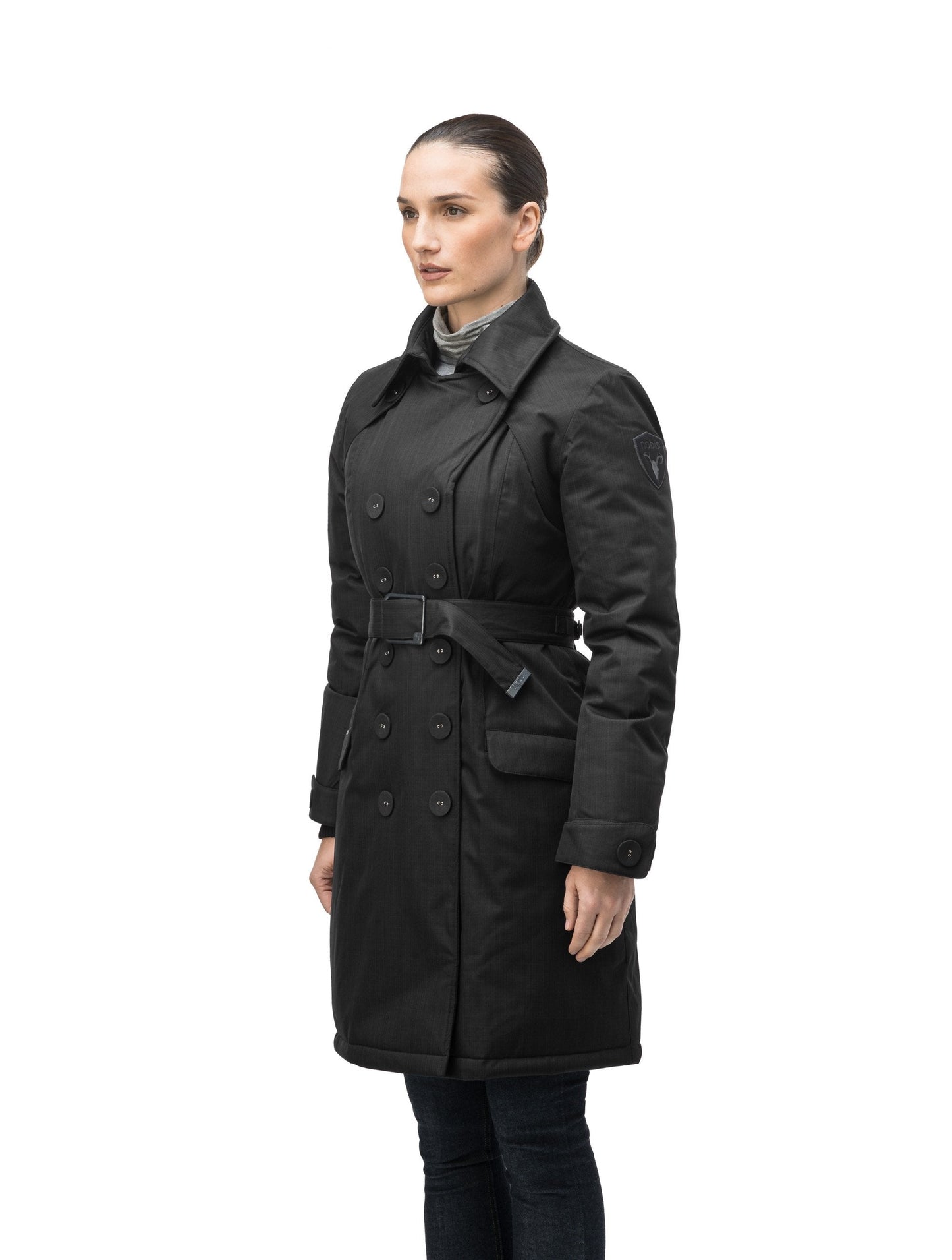 Women's down filled double breasted peacoat with a belted waist in CH Black