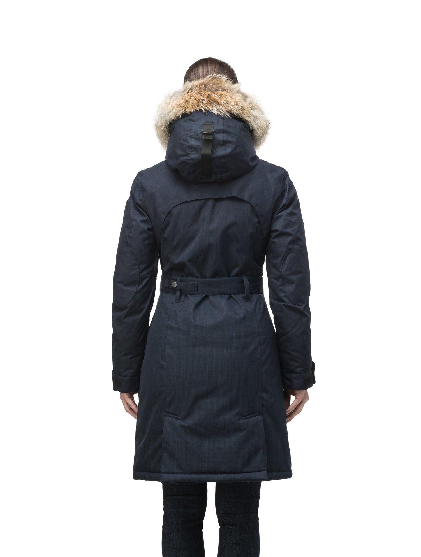 Women's down filled double breasted peacoat with a belted waist in CH Navy