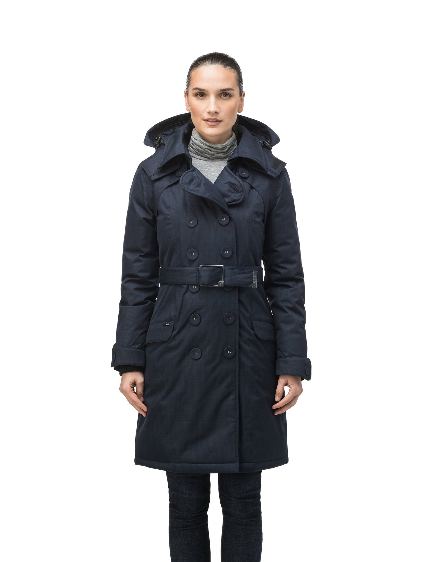 Women's down filled double breasted peacoat with a belted waist in CH Navy