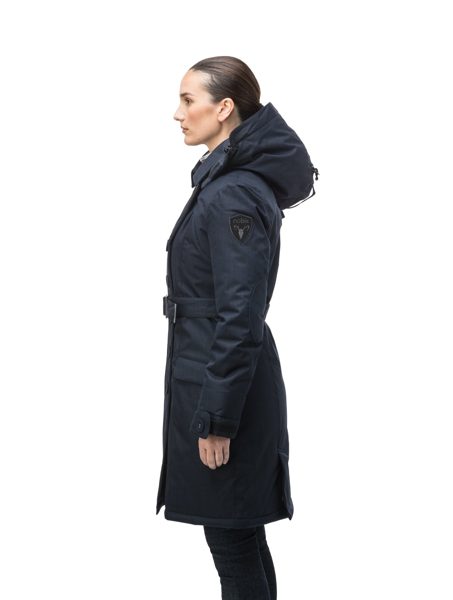 Women's down filled double breasted peacoat with a belted waist in CH Navy