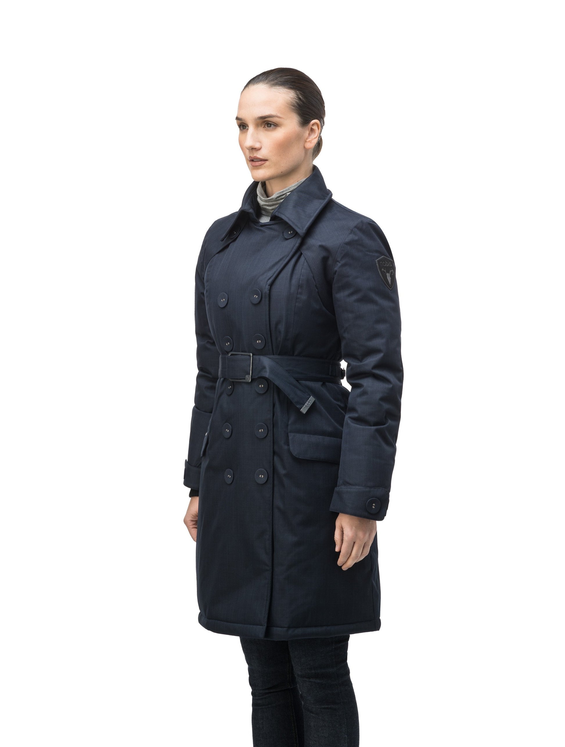 Women's down filled double breasted peacoat with a belted waist in CH Navy