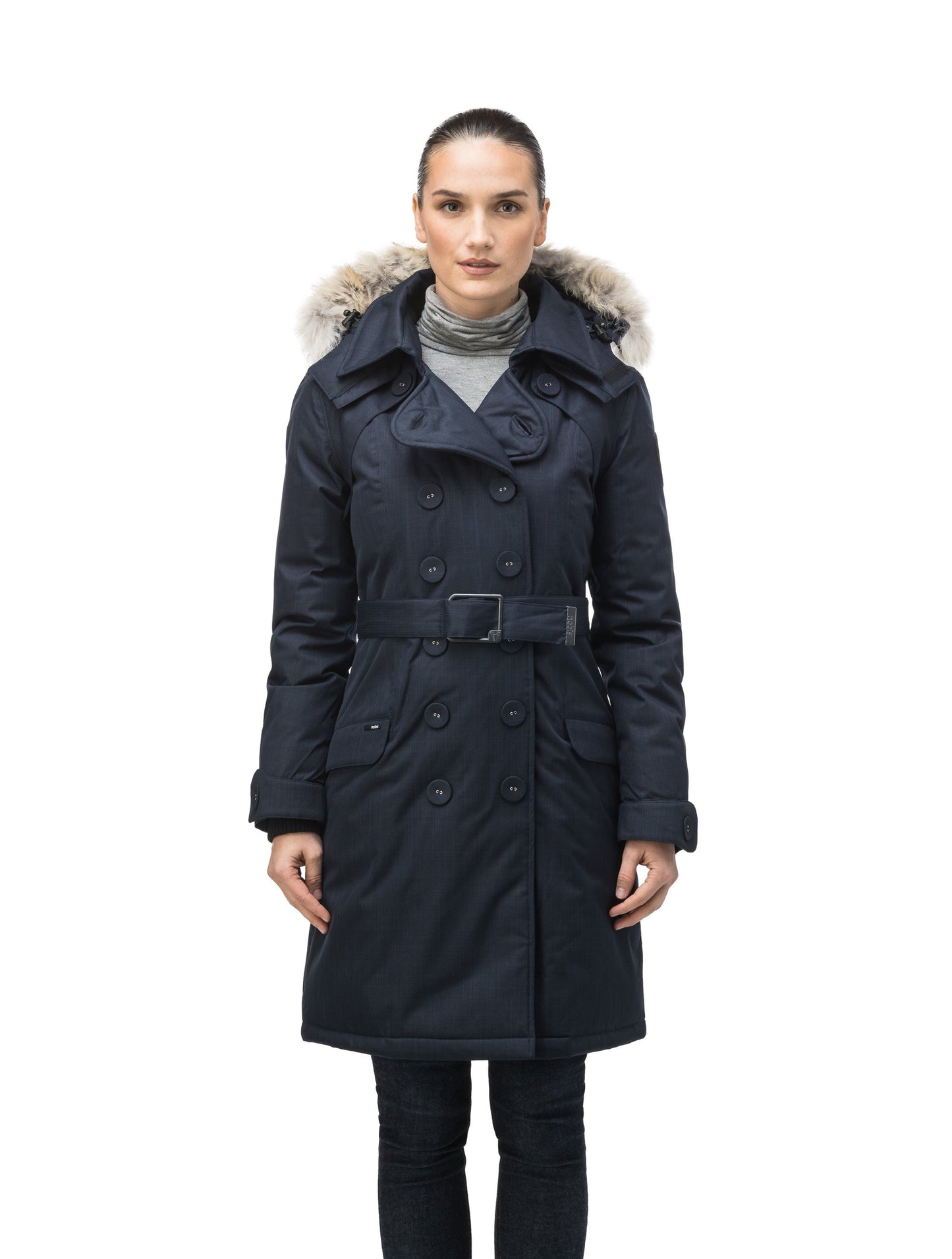 Women's down filled double breasted peacoat with a belted waist in CH Navy