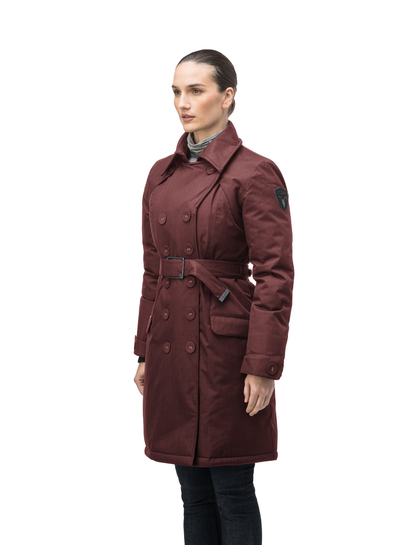 Women's down filled double breasted peacoat with a belted waist in CH Red Rum