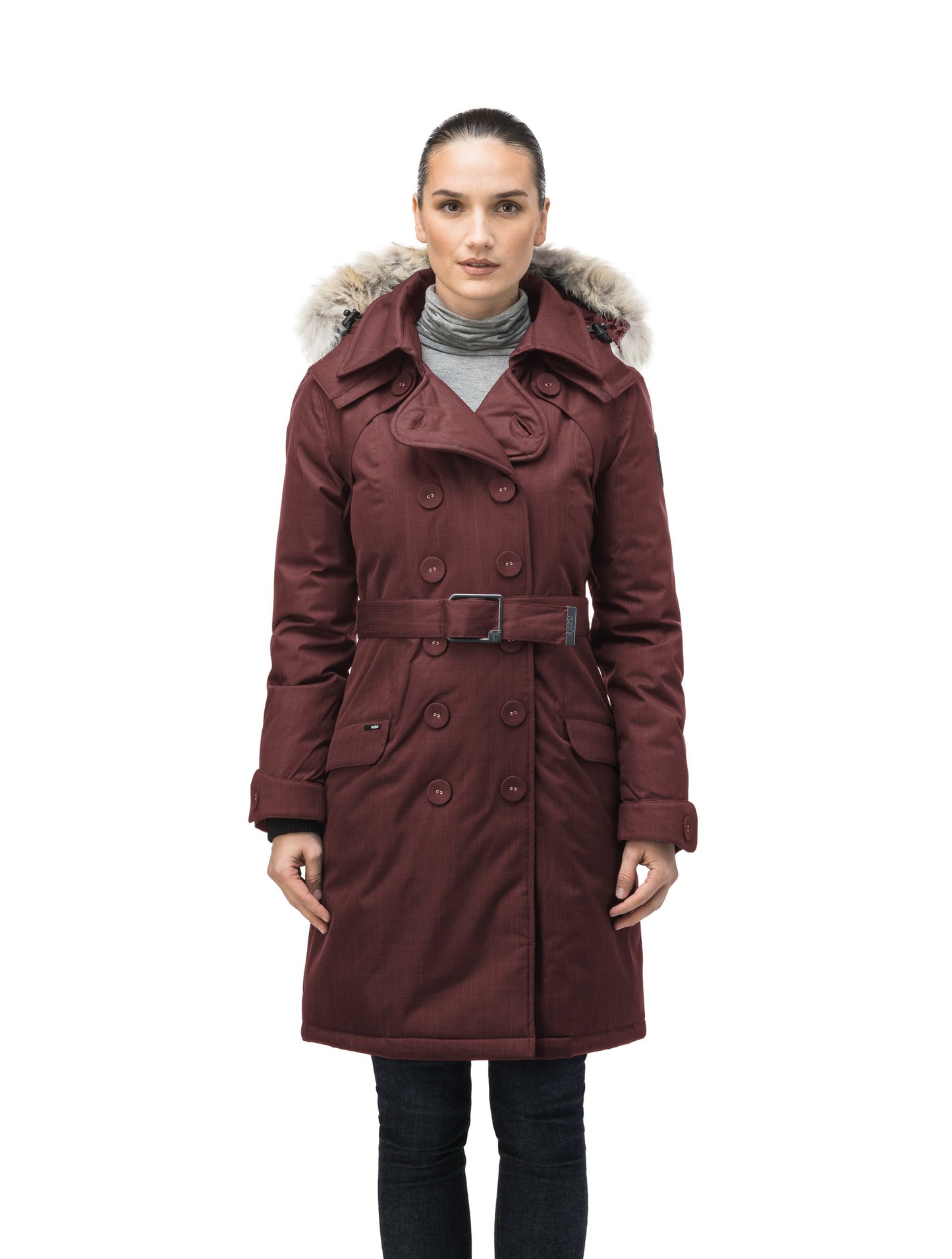 Women's down filled double breasted peacoat with a belted waist in CH Red Rum