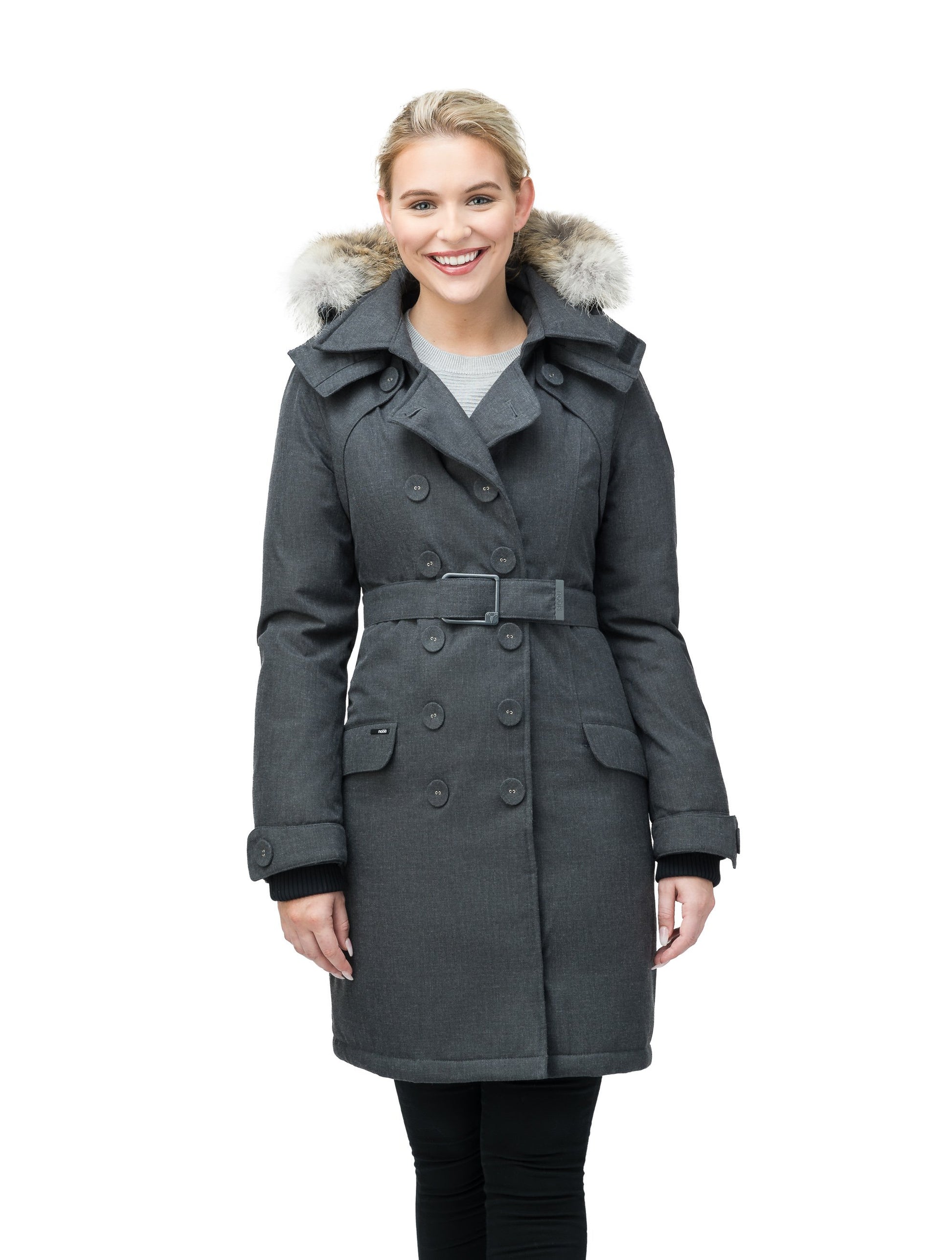 Women's down filled double breasted peacoat with a belted waist in H. Charcoal