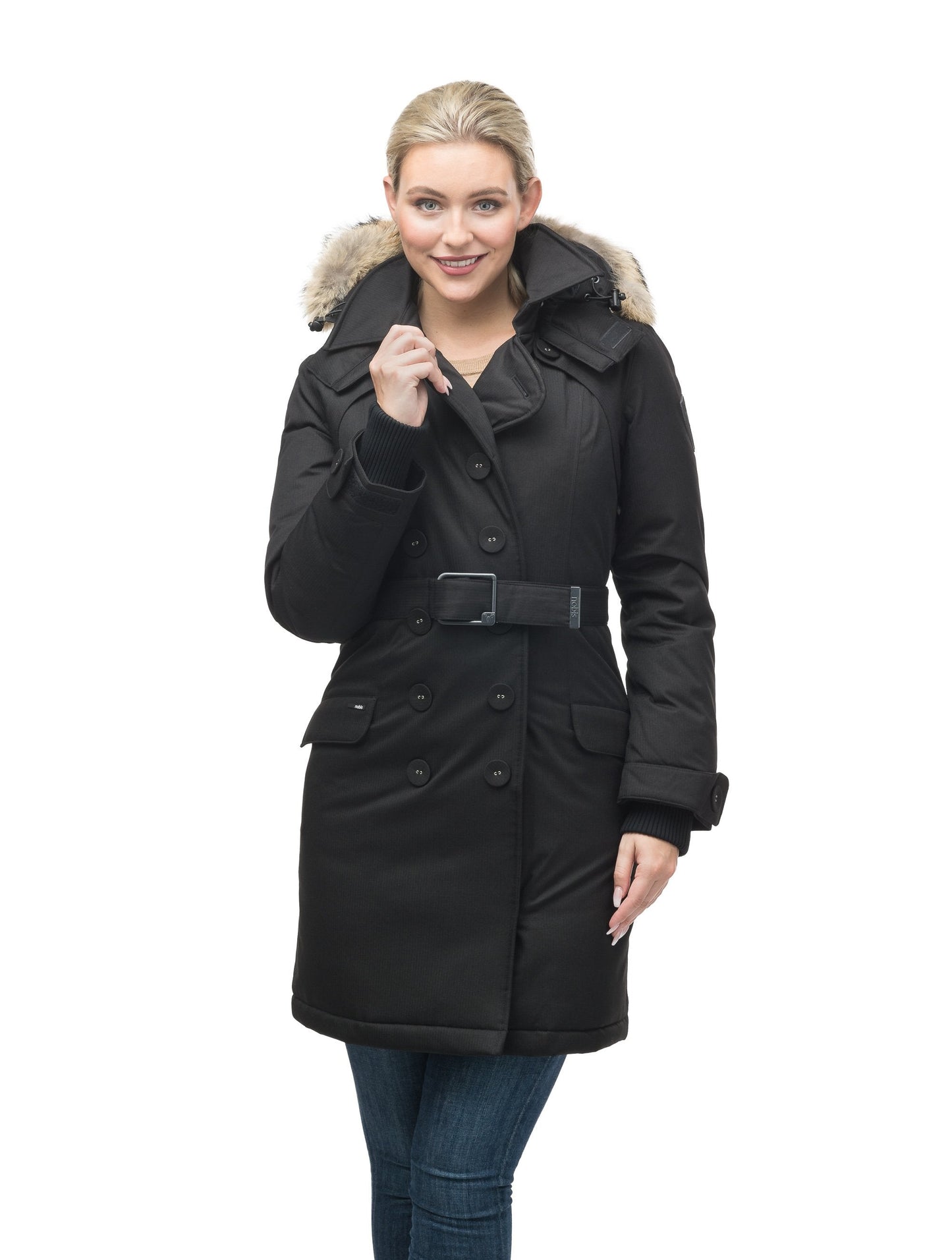 Women's down filled double breasted peacoat with a belted waist in CH Black