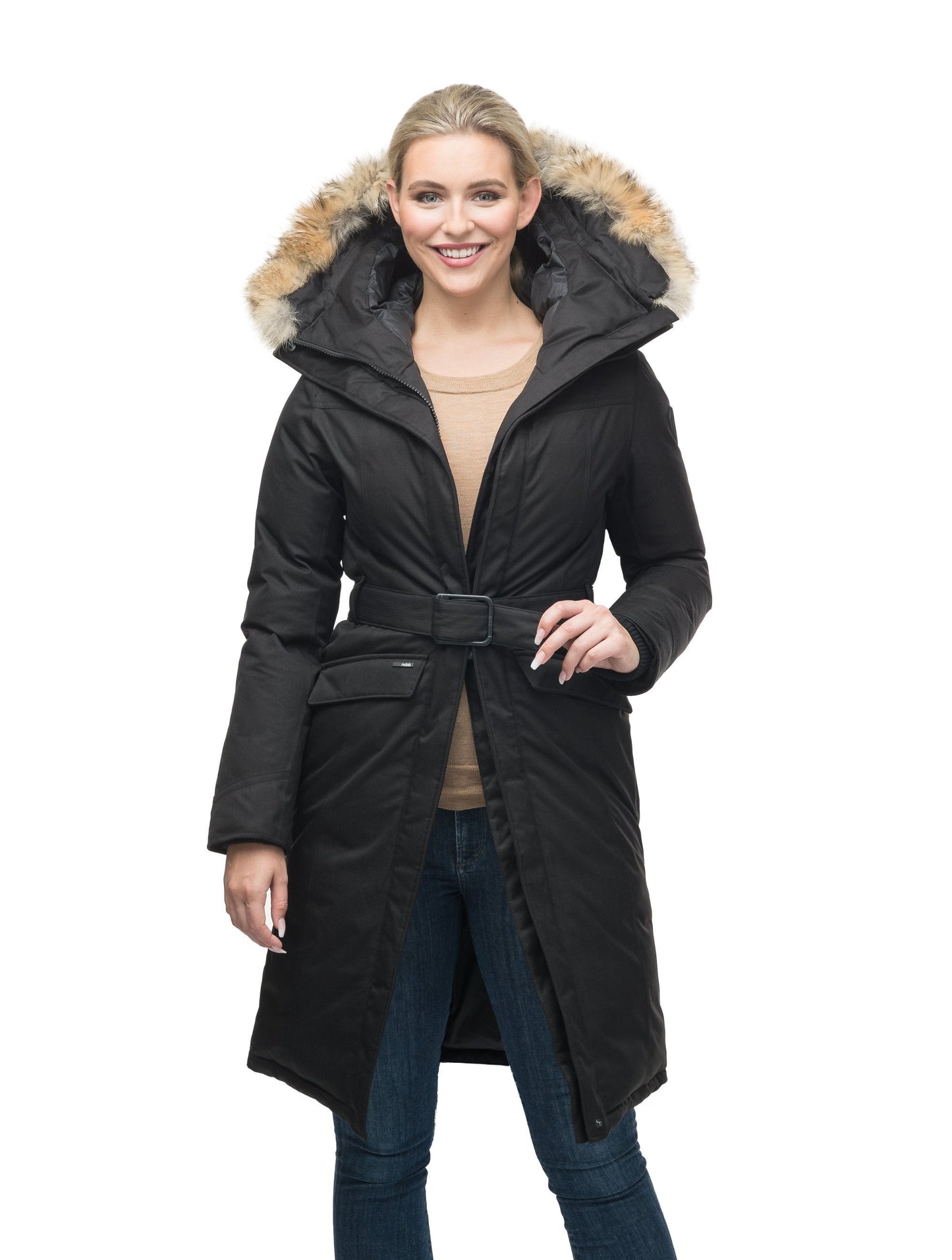 Women's down filled double breasted peacoat with a belted waist in CH Black