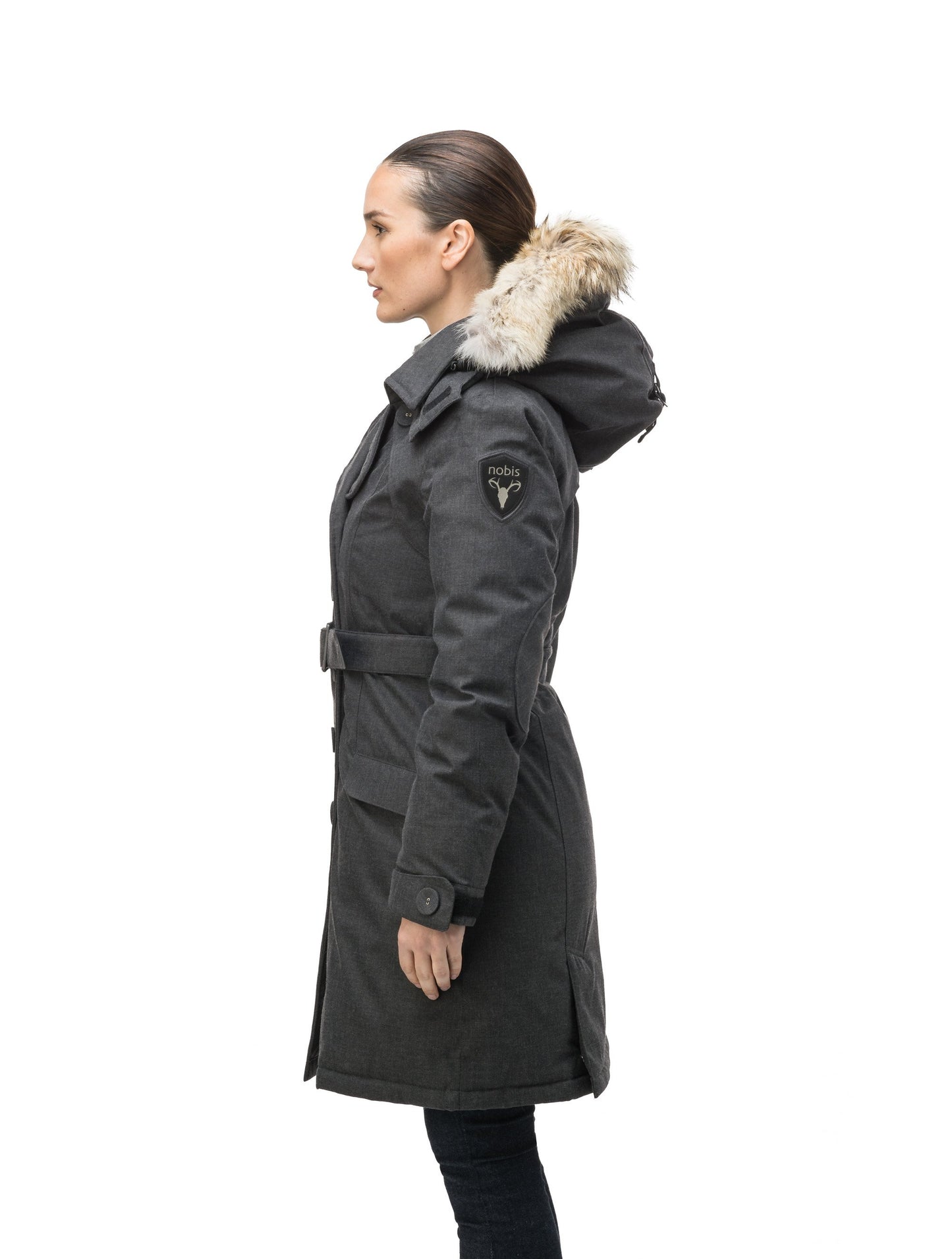 Women's down filled double breasted peacoat with a belted waist in H. Charcoal