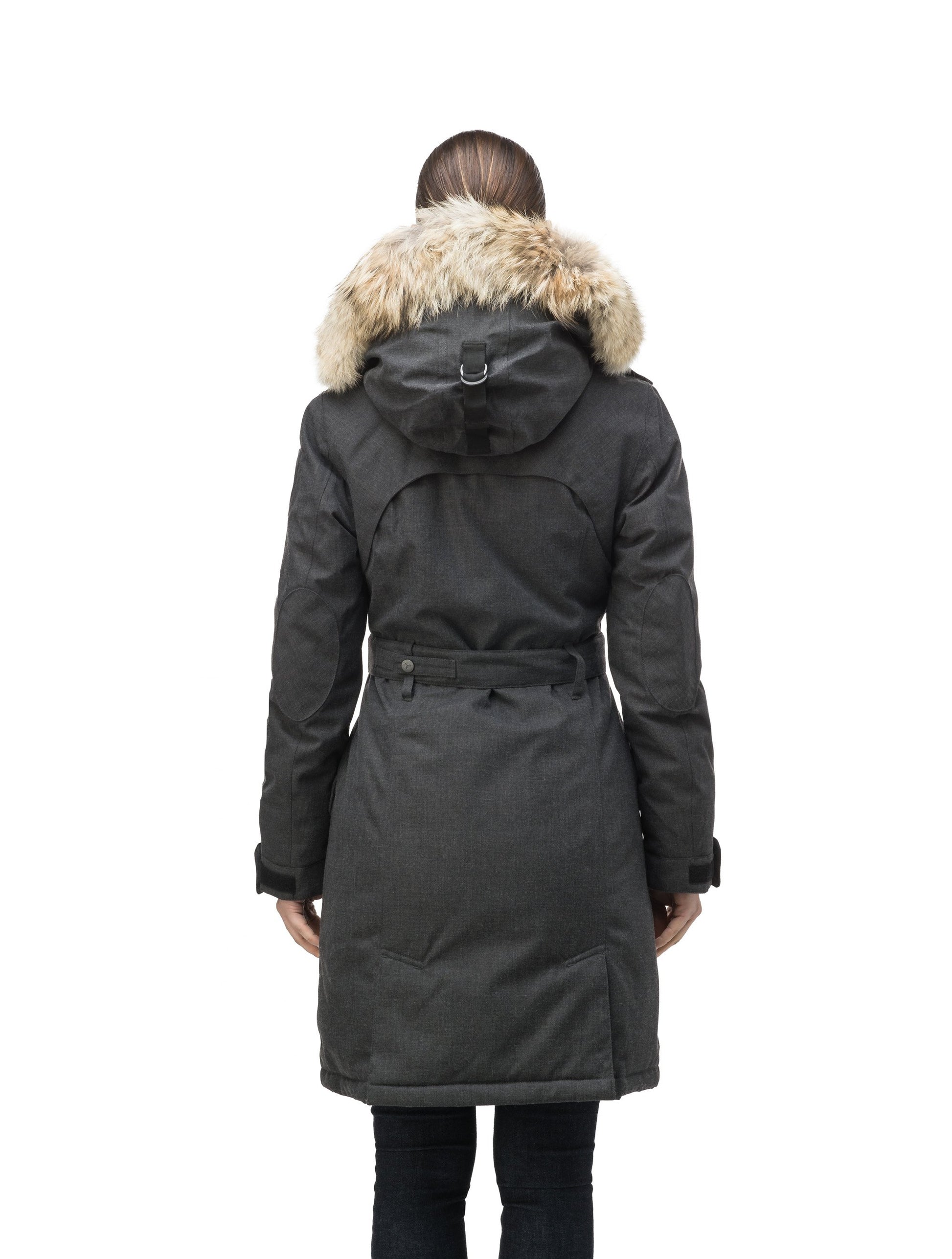 Women's down filled double breasted peacoat with a belted waist in H. Charcoal