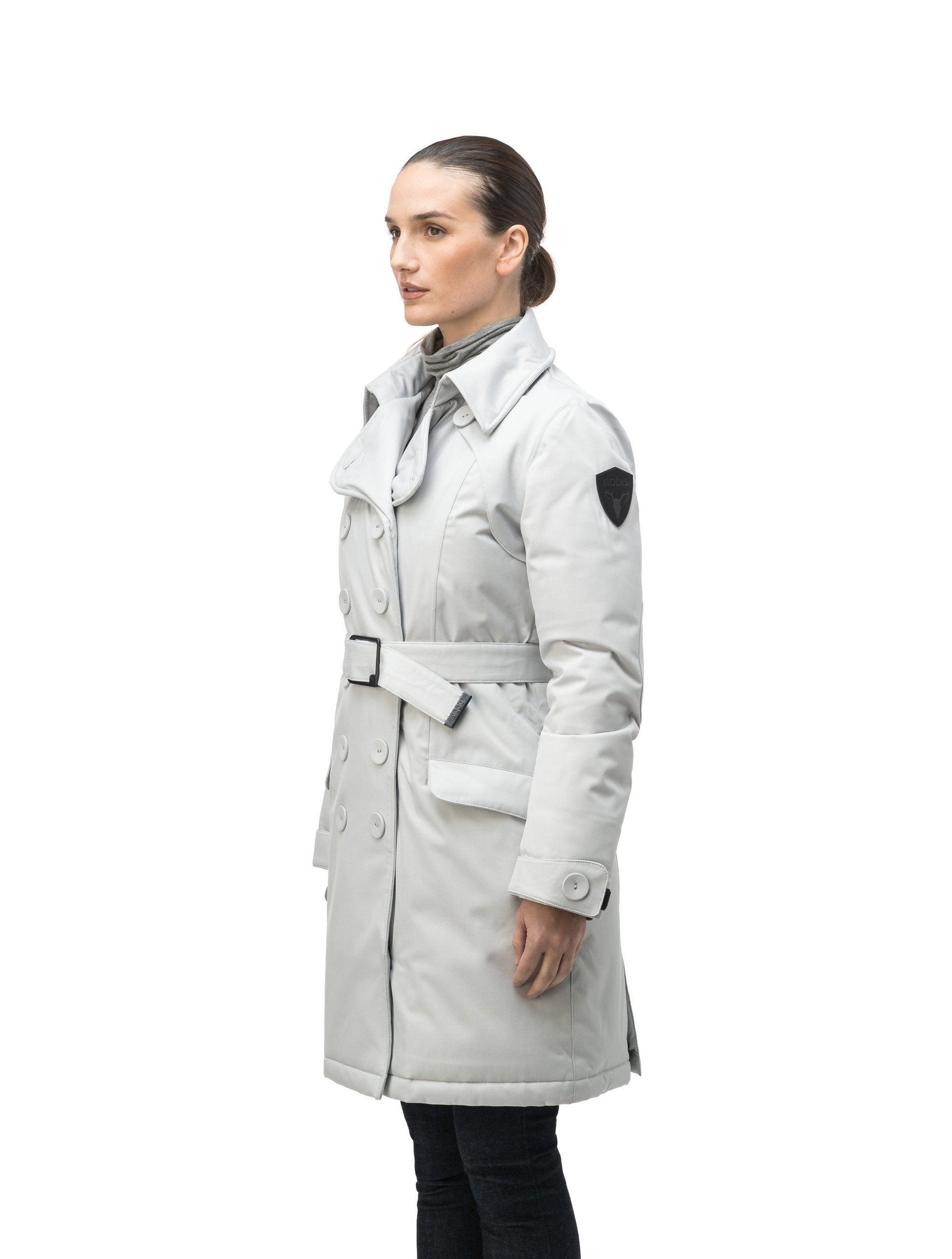 Women's down filled double breasted peacoat with a belted waist in CH Light Grey