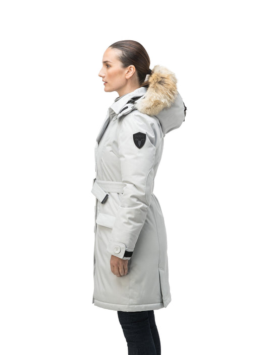 Women's down filled double breasted peacoat with a belted waist in CH Light Grey