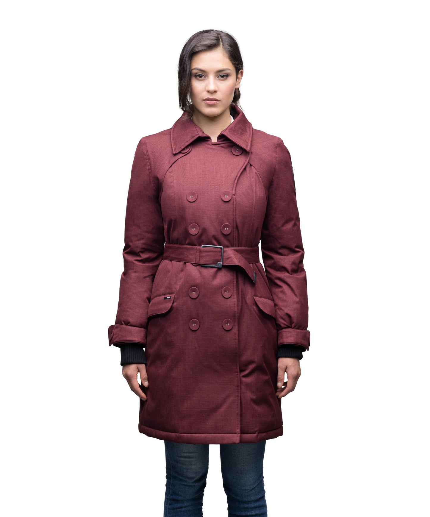 Women's down filled double breasted peacoat with a belted waist in CH Red Rum