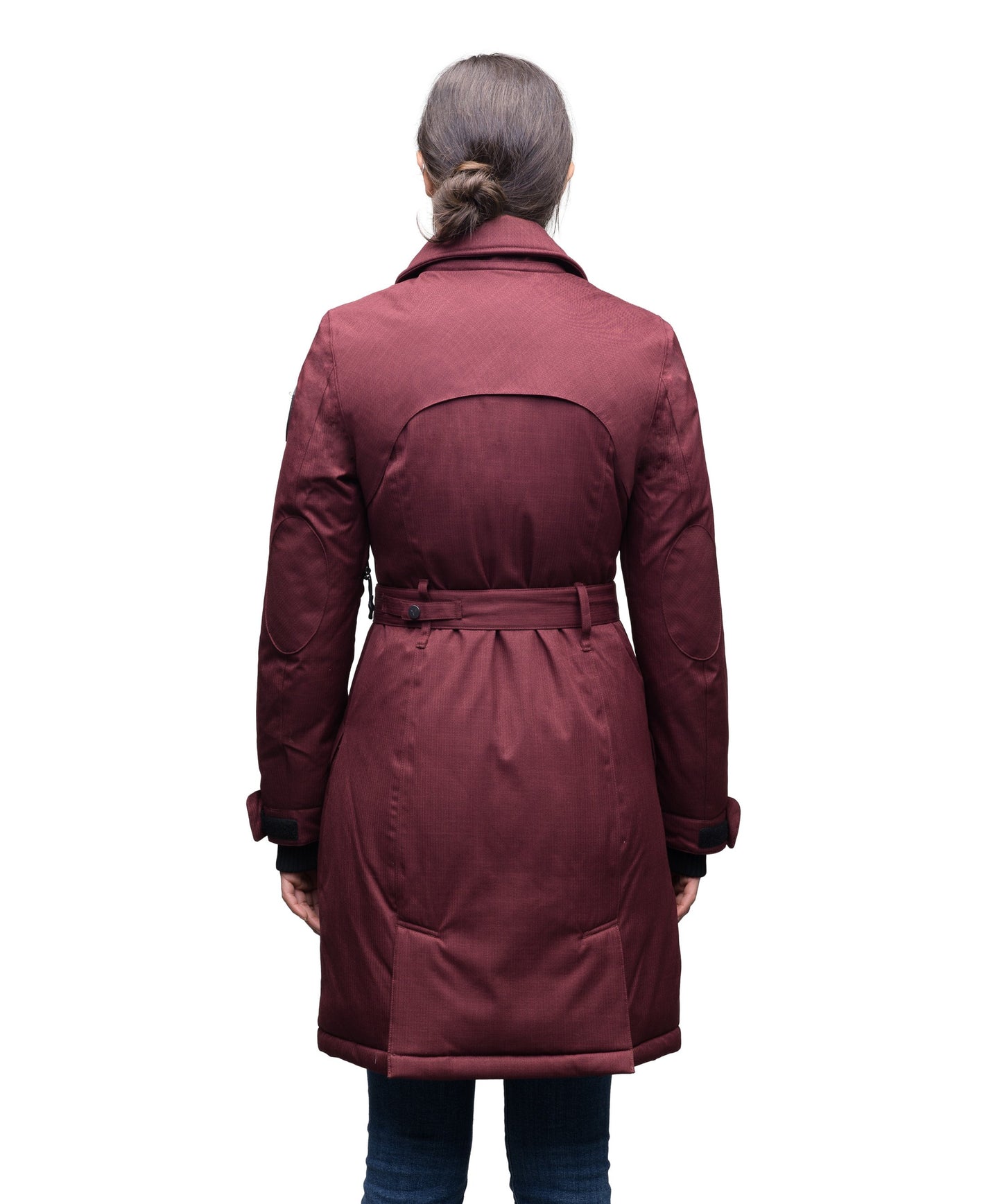 Women's down filled double breasted peacoat with a belted waist in CH Red Rum