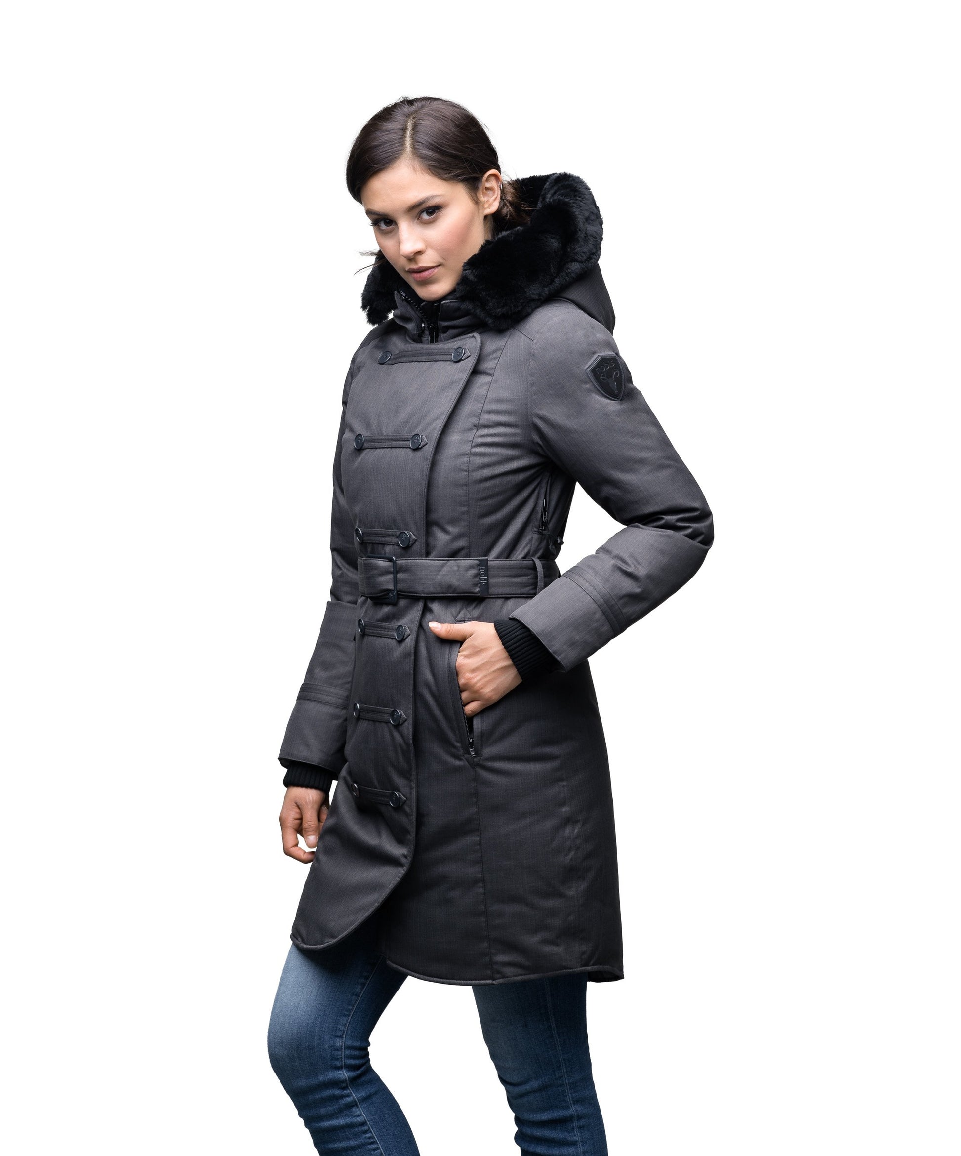 Women's down filled calf length parka with belted waist, and removable Rex Rabbit fur collar in CH Steel Grey