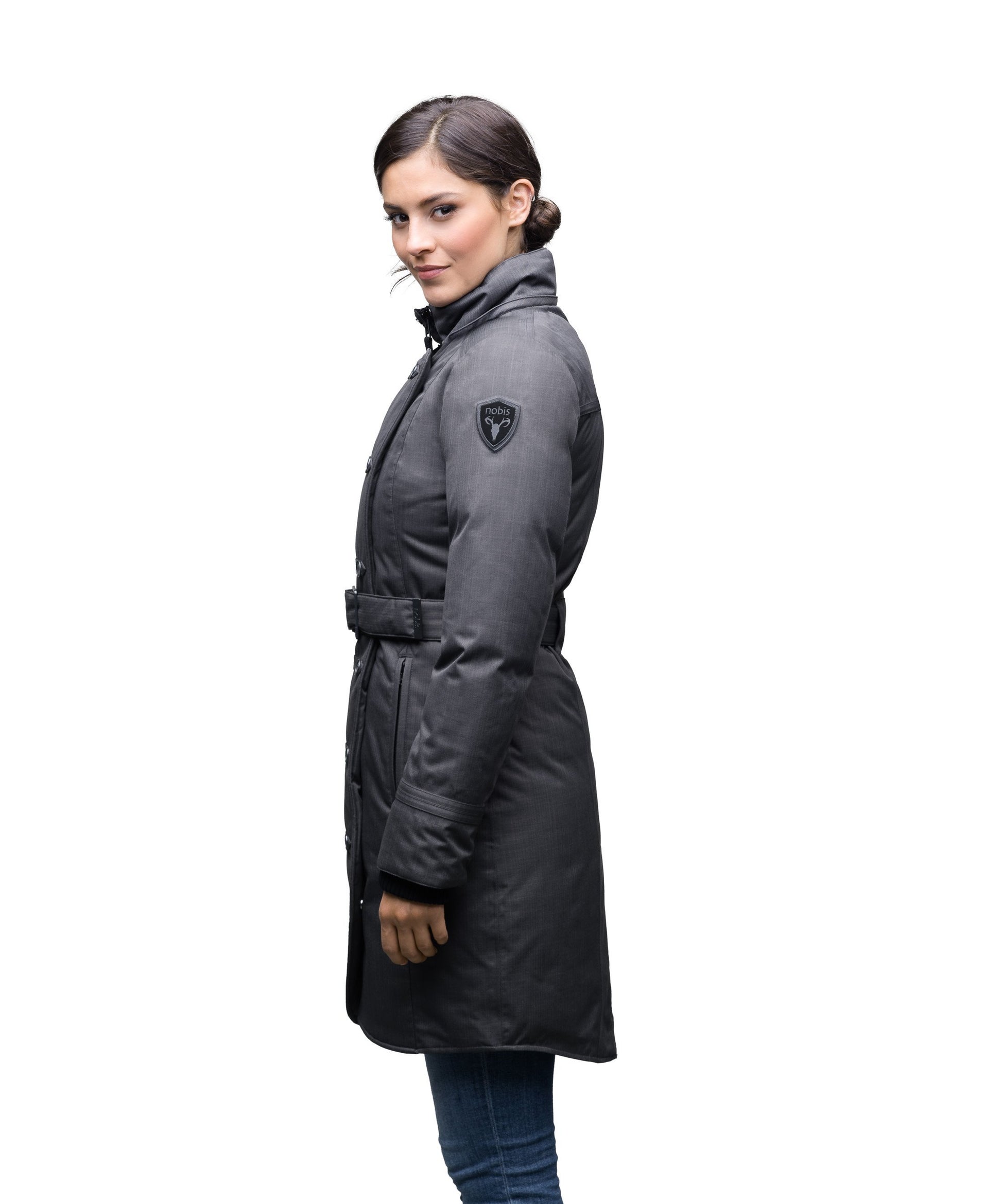 Women's down filled calf length parka with belted waist, and removable Rex Rabbit fur collar in CH Steel Grey