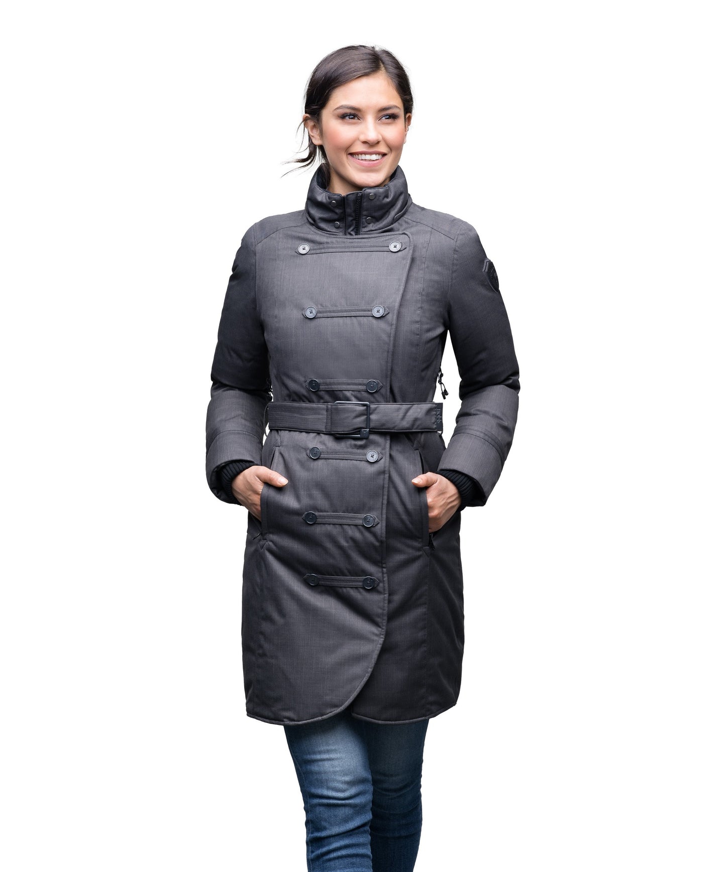 Women's down filled calf length parka with belted waist, and removable Rex Rabbit fur collar in CH Steel Grey