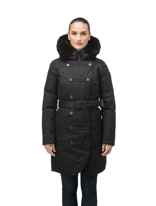 Women's down filled calf length parka with belted waist, and removable Rex Rabbit fur collar in CH Black