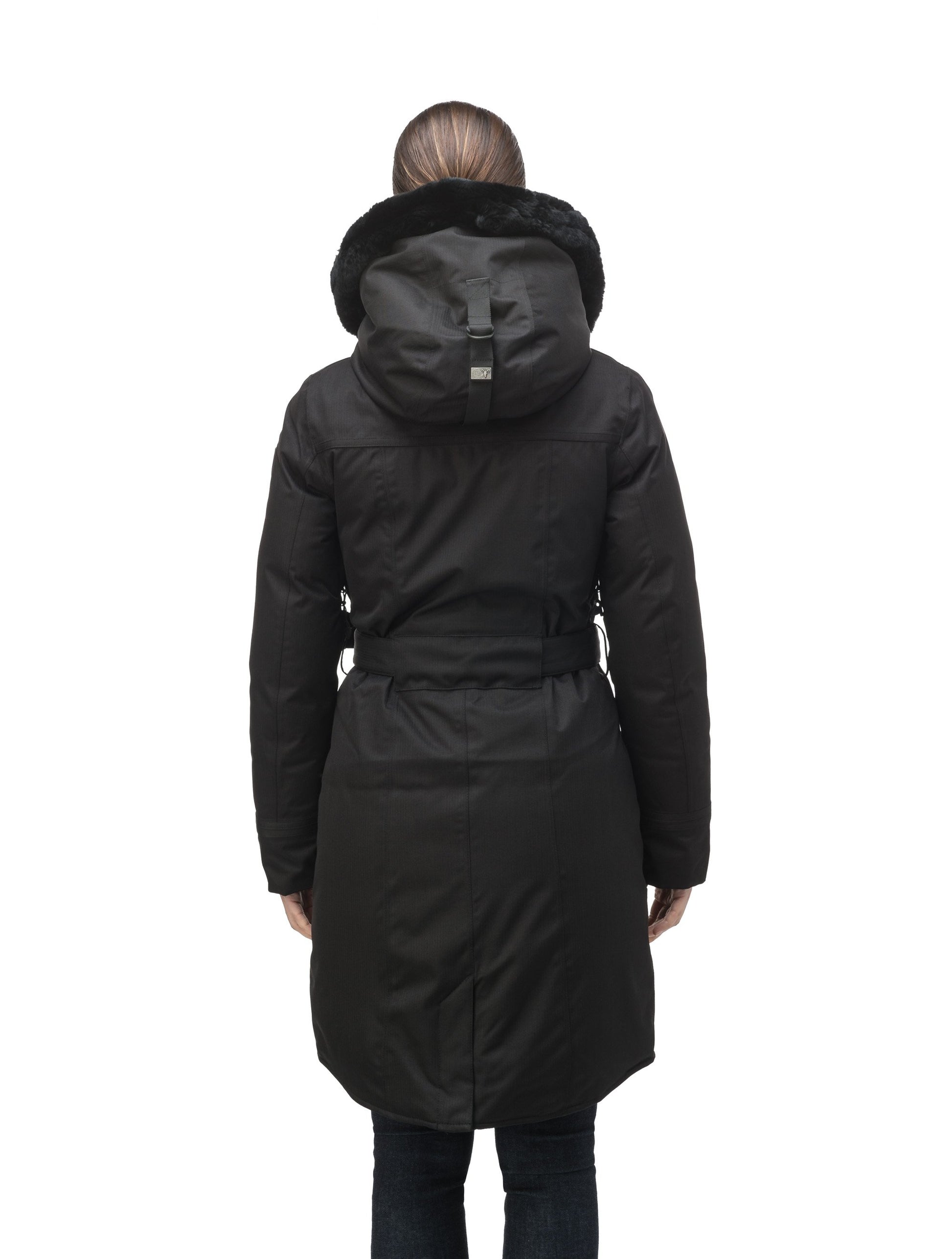 Women's down filled calf length parka with belted waist, and removable Rex Rabbit fur collar in CH Black