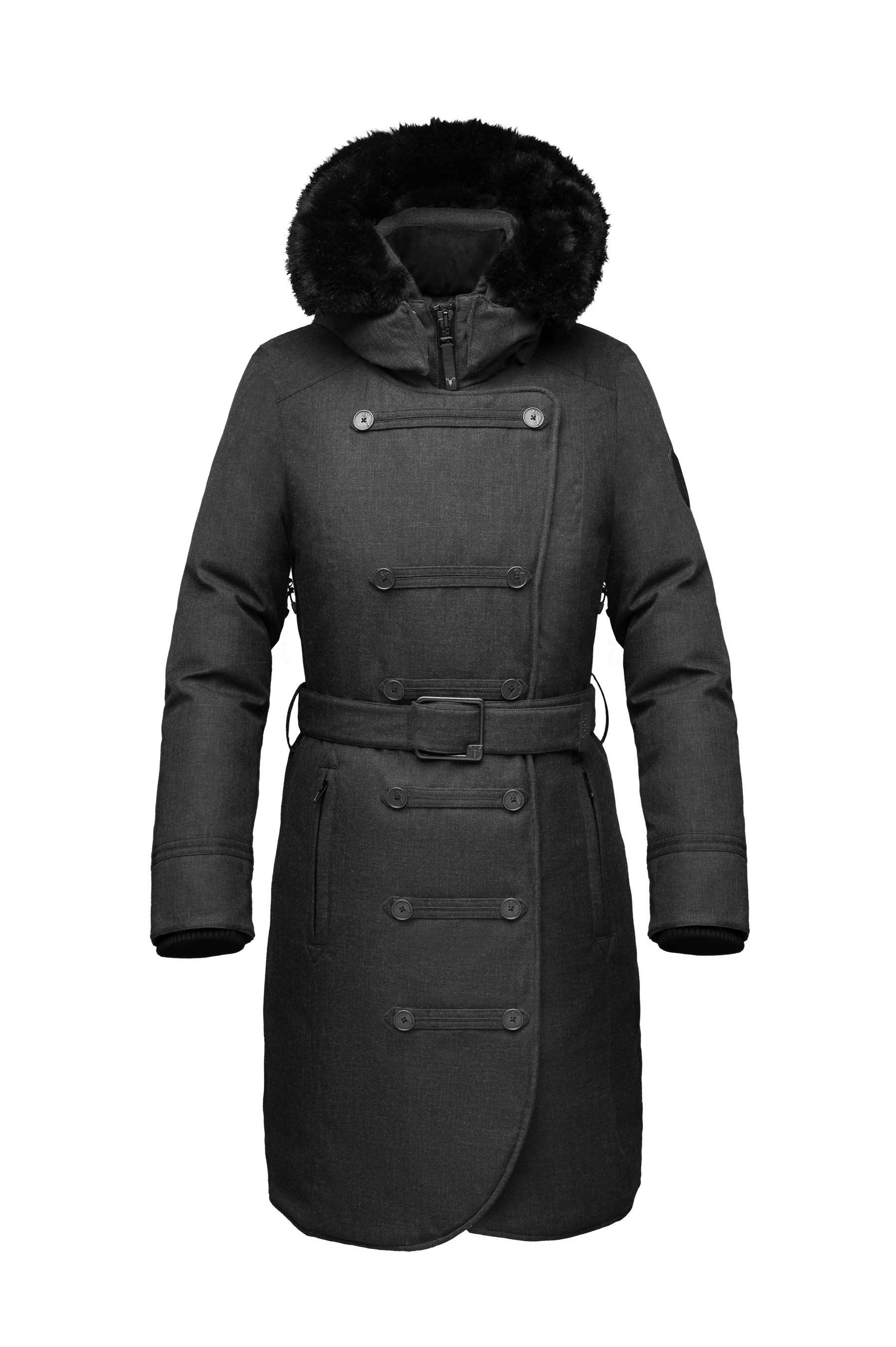 Women's down filled calf length parka with belted waist, and removable Rex Rabbit fur collar in H. Black