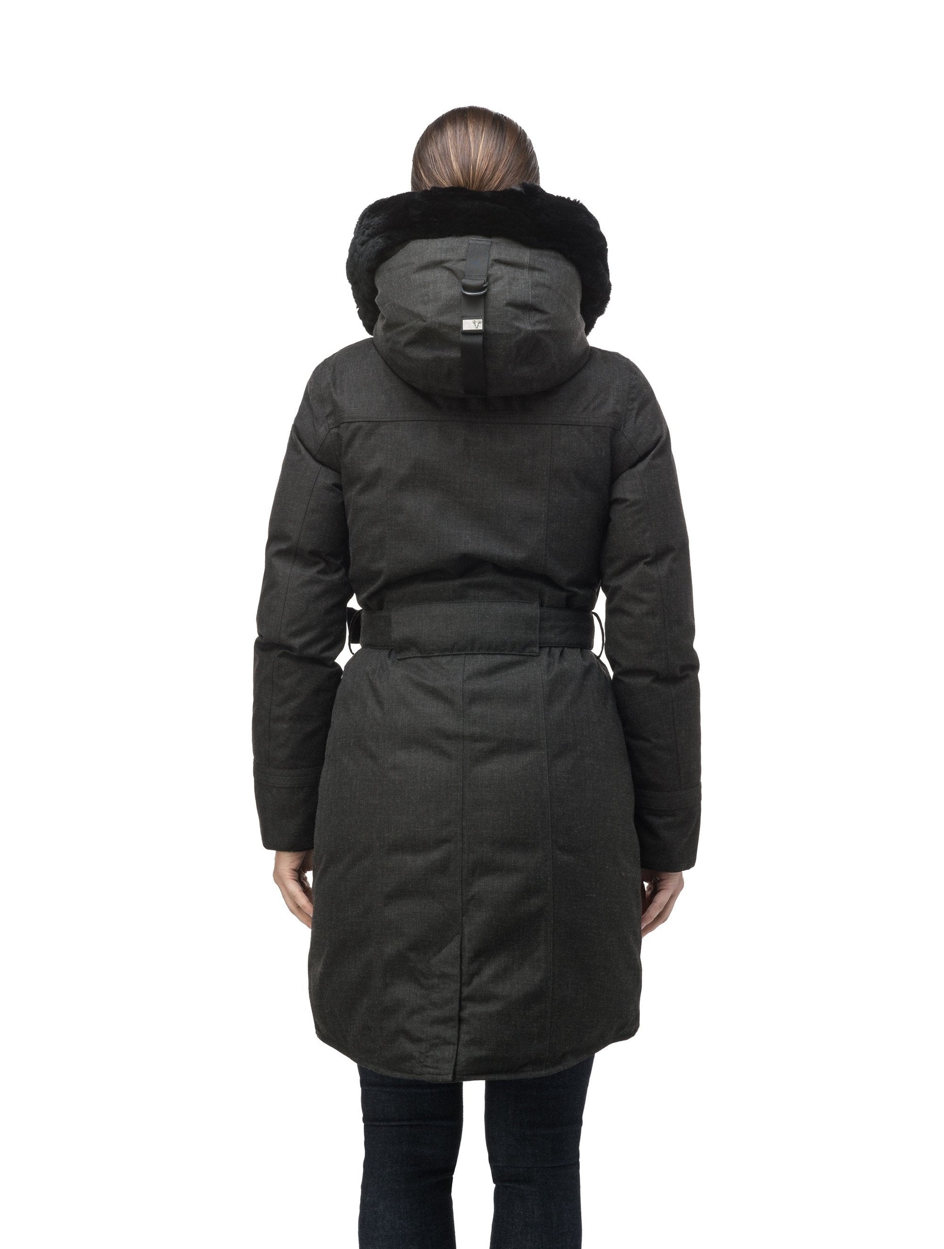 Women's down filled calf length parka with belted waist, and removable Rex Rabbit fur collar in H. Black