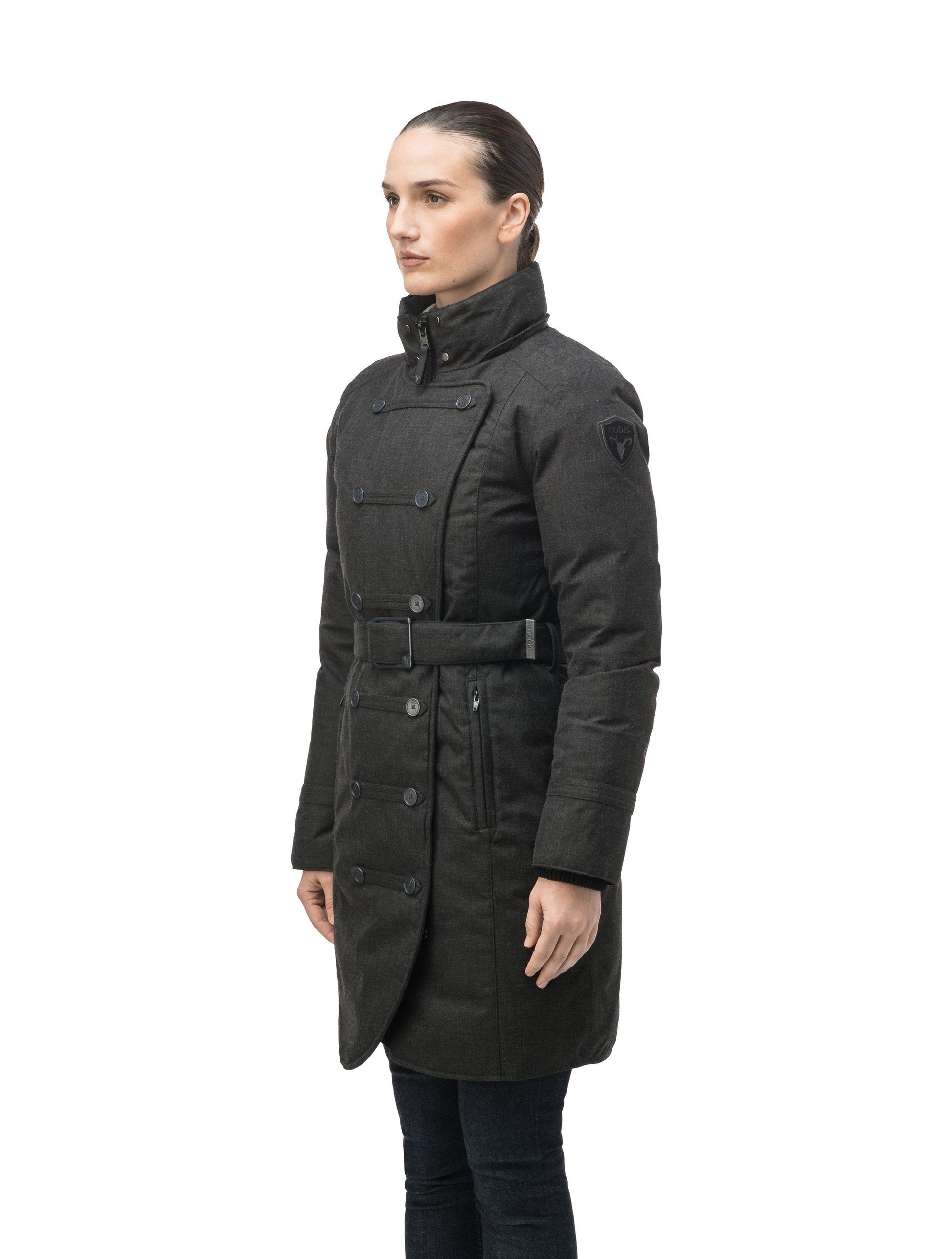 Women's down filled calf length parka with belted waist, and removable Rex Rabbit fur collar in H. Black