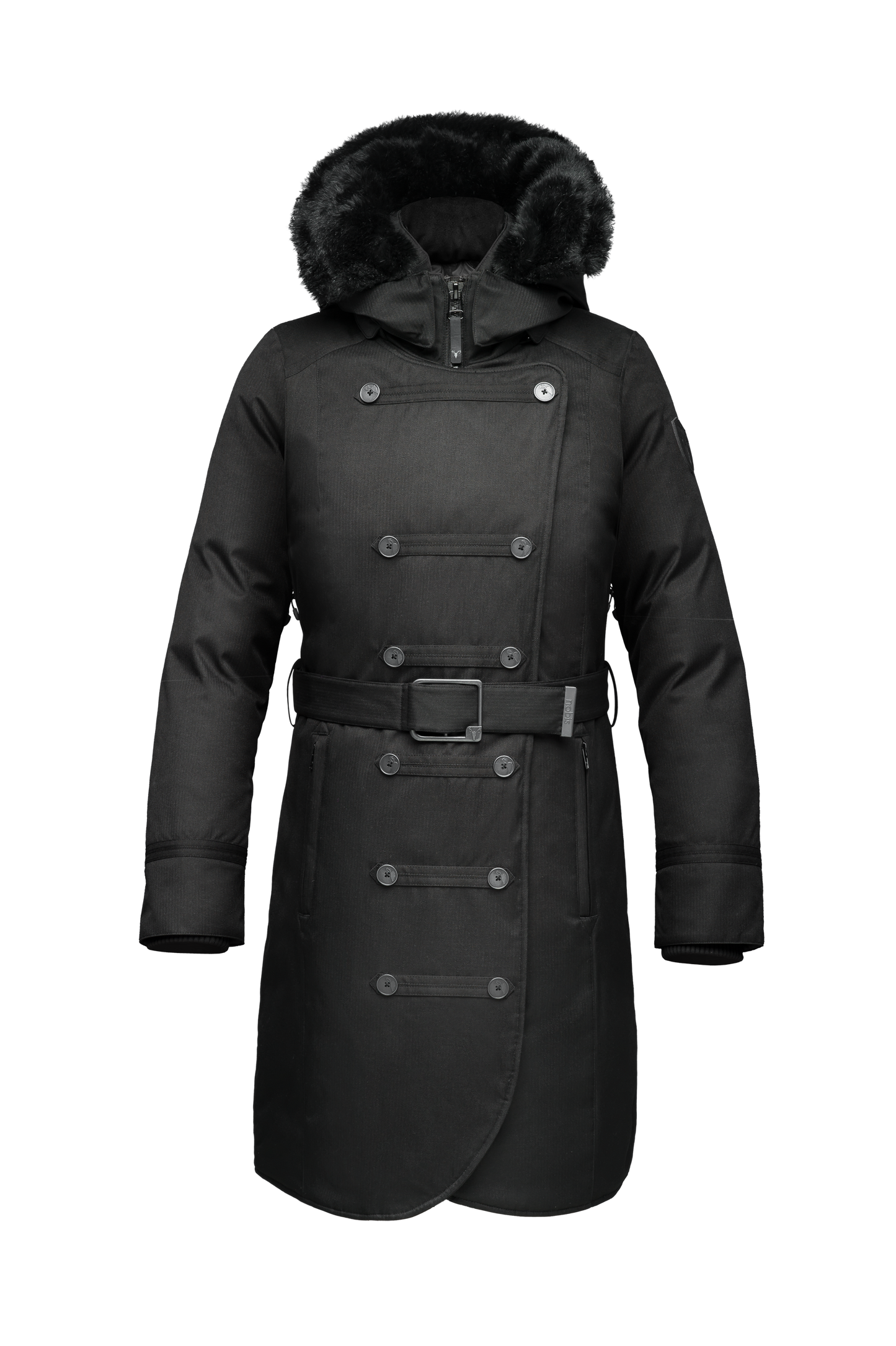 Women's down filled calf length parka with belted waist, and removable Rex Rabbit fur collar in CH Black