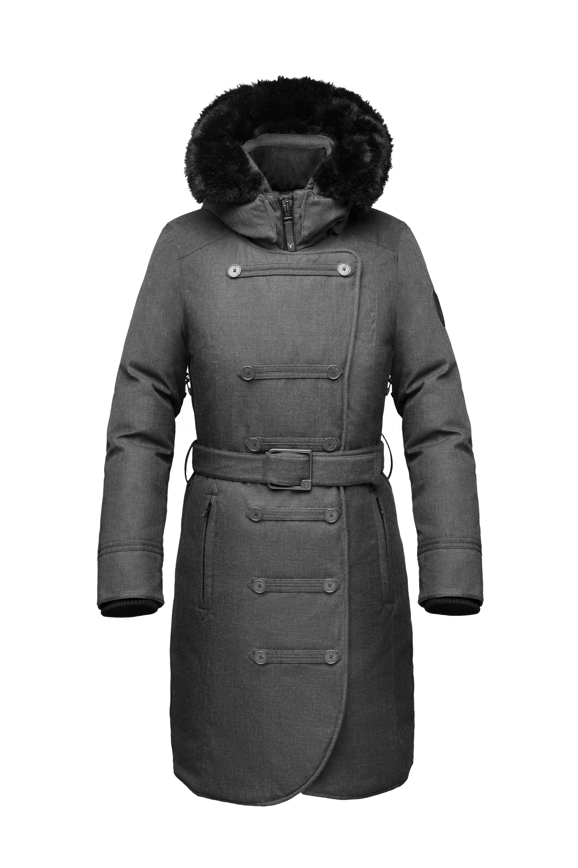 Women's down filled calf length parka with belted waist, and removable Rex Rabbit fur collar in CH Steel Grey