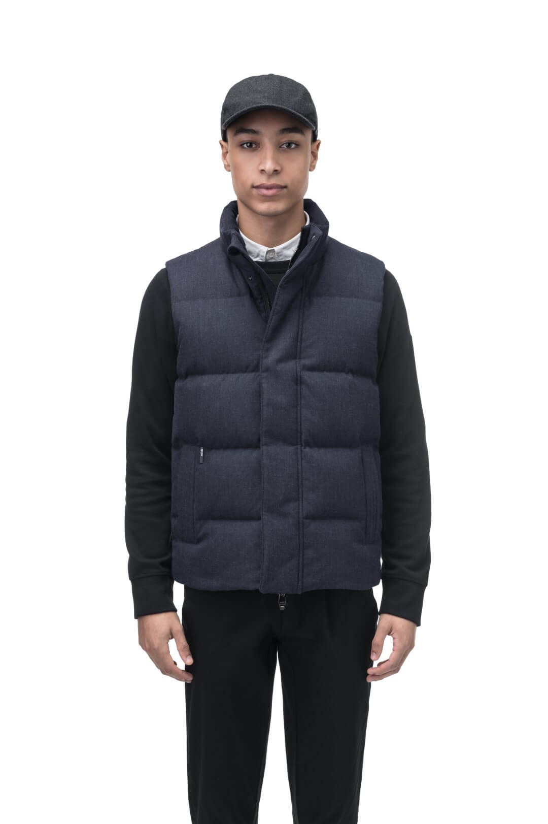 Vale Men's Quilted Vest in hip length, Canadian duck down insulation, and two-way zipper, in H. Navy