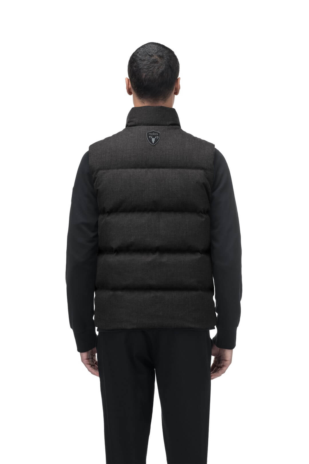 Vale Men's Quilted Vest in hip length, Canadian duck down insulation, and two-way zipper, in H. Black